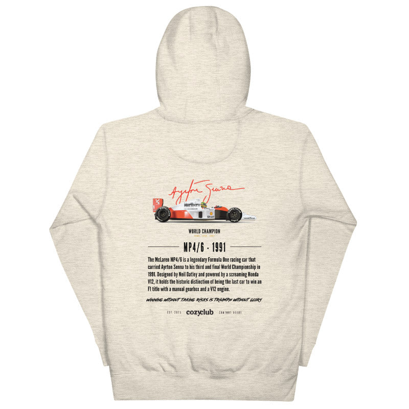 Ayrton Senna MP4/6 F1 Graphic Hoodie - Vintage Honda V12 Racing Hoodie