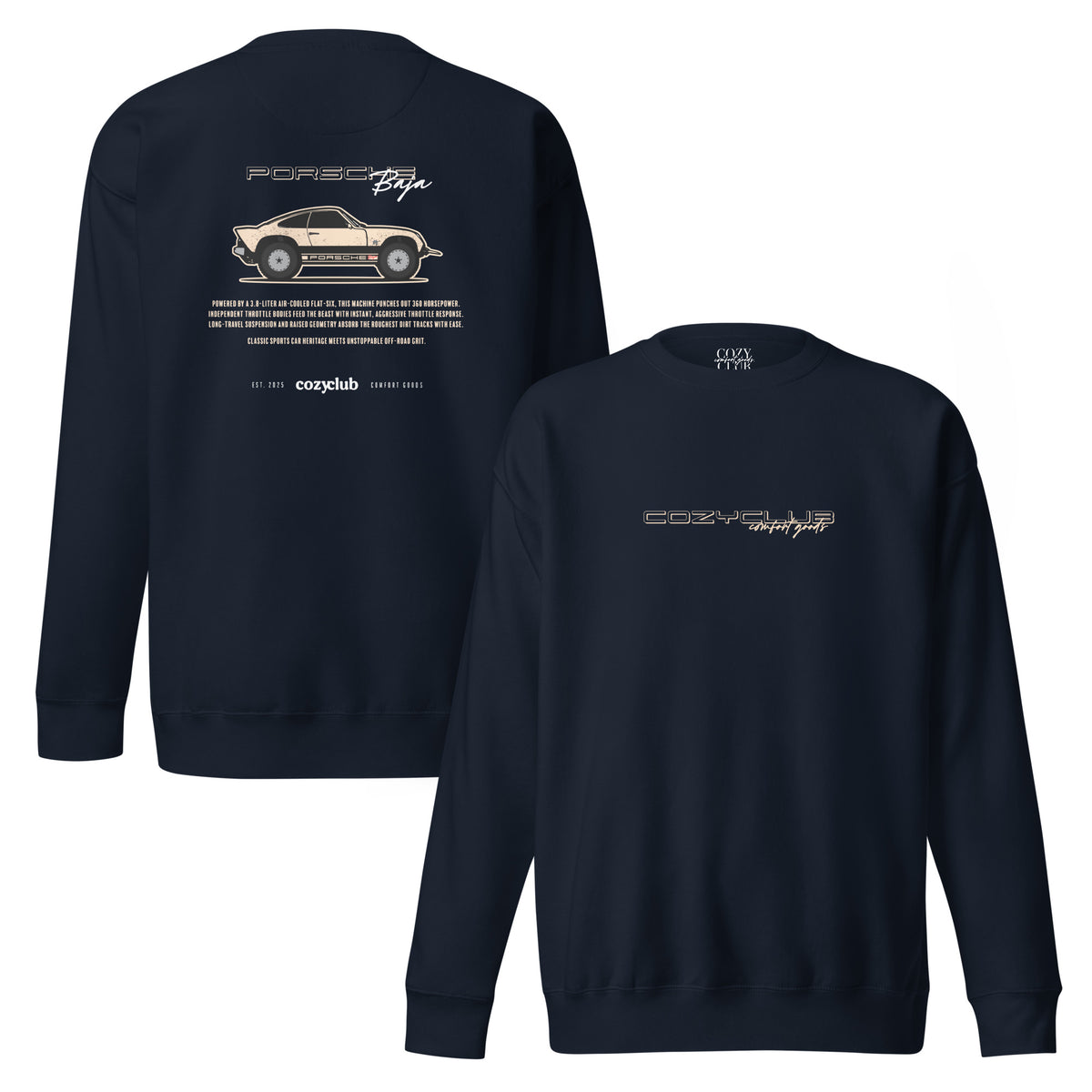 Back / Main Graphic Image:

streetwear sweatshirt featuring lifted Baja Porsche 911 Safari rally vector line art with knobby tires and roof rack

Front / Chest Detail Image:

Close up front chest logo on Baja Porsche 911 Safari off-road graphic sweatshirt

Lifestyle / Model Shot:

Model wearing black Baja Porsche 911 Safari rally graphic sweatshirt