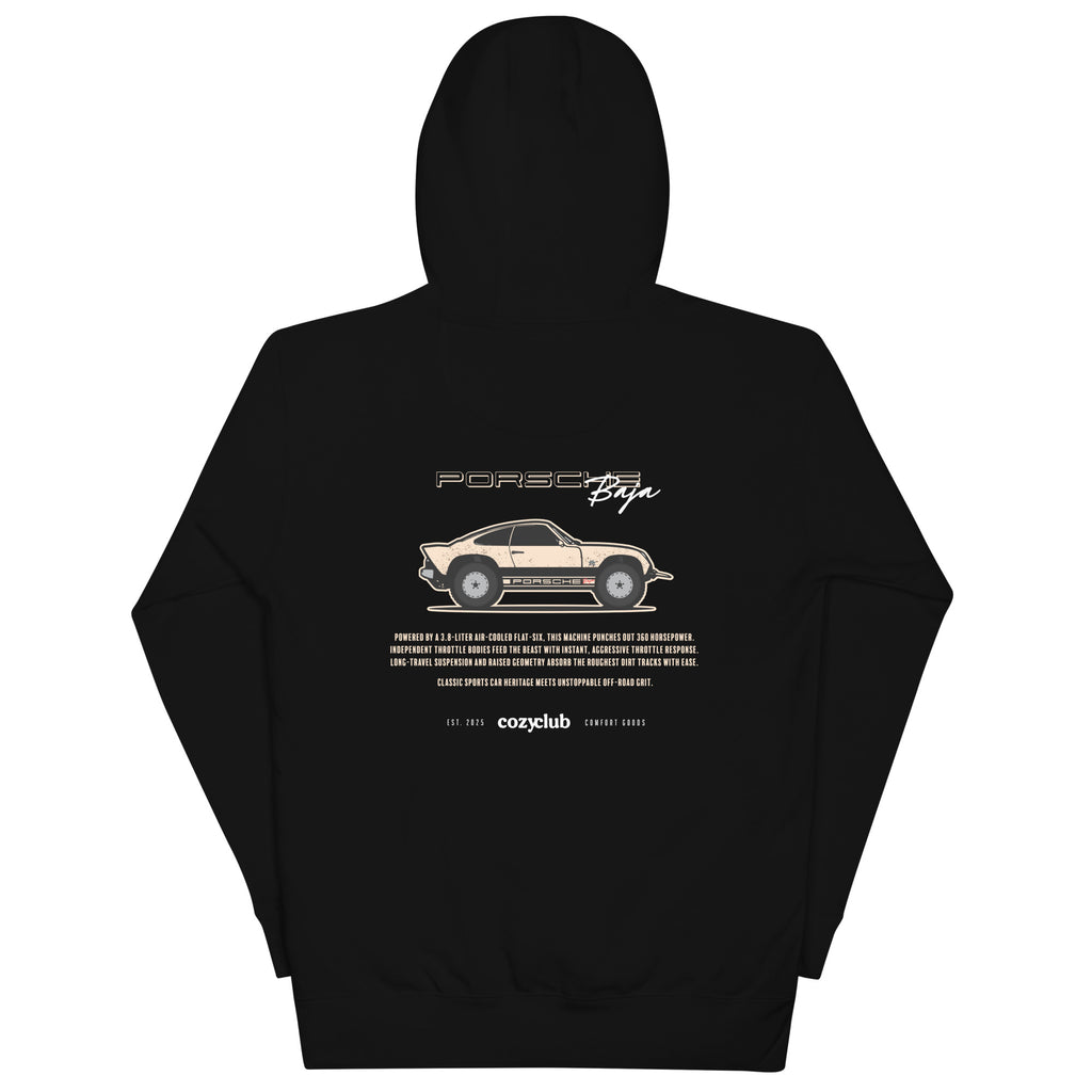 Back / Main Graphic Image:

Black streetwear hoodie featuring lifted Baja Porsche 911 Safari rally vector line art with knobby tires and roof rack

Front / Chest Detail Image:

Close up front chest logo on black Baja Porsche 911 Safari off-road graphic hoodie

Lifestyle / Model Shot:

Model wearing black Baja Porsche 911 Safari rally graphic hoodie