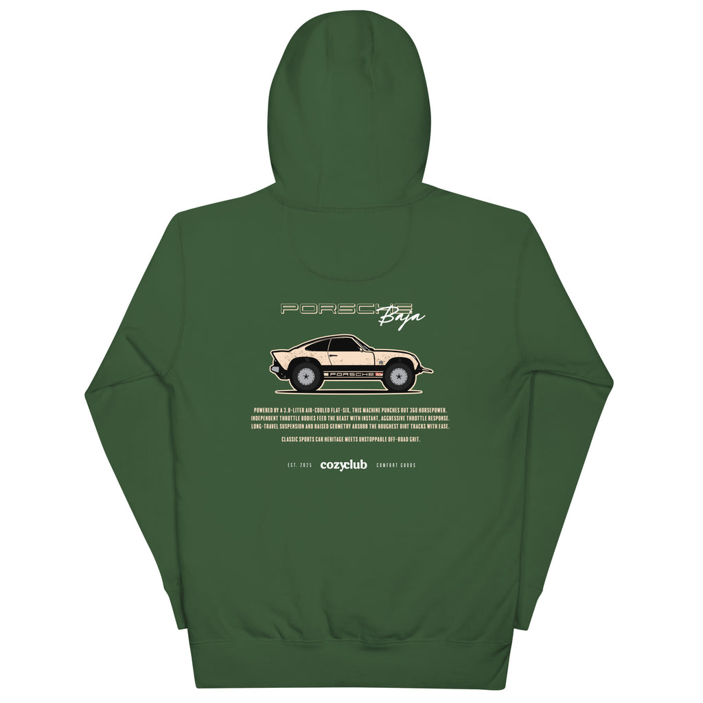 Back / Main Graphic Image:

Black streetwear hoodie featuring lifted Baja Porsche 911 Safari rally vector line art with knobby tires and roof rack

Front / Chest Detail Image:

Close up front chest logo on black Baja Porsche 911 Safari off-road graphic hoodie

Lifestyle / Model Shot:

Model wearing black Baja Porsche 911 Safari rally graphic hoodie