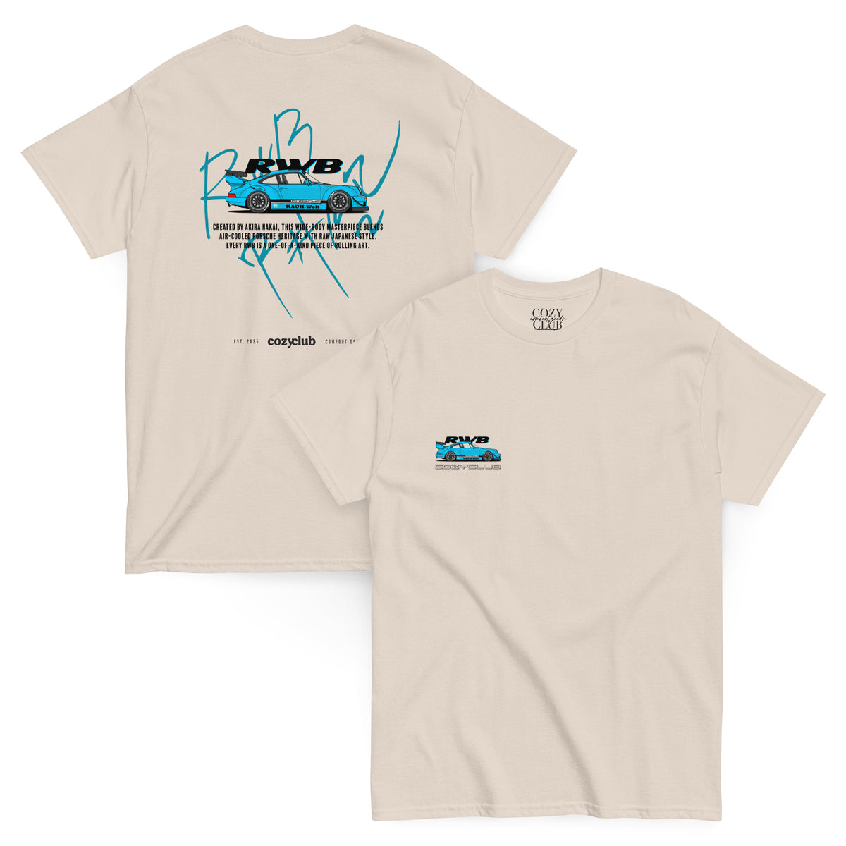 Main Back Graphic:

streetwear t-shirt with white RWB Rauh-Welt Begriff Porsche 911 widebody vector line art and Japanese typography

Front Chest Detail / Pocket Logo:

Close up front chest logo on RWB Porsche 911 widebody air-cooled graphic tee

Lifestyle / Model Shot:

Model wearing RWB Porsche 911 widebody air-cooled graphic t-shirt

Flat Lay / Folded View:

Folded t-shirt showing RWB Rauh-Welt Begriff Porsche 911 widebody vector artwork and Cozy Club brand neck tag