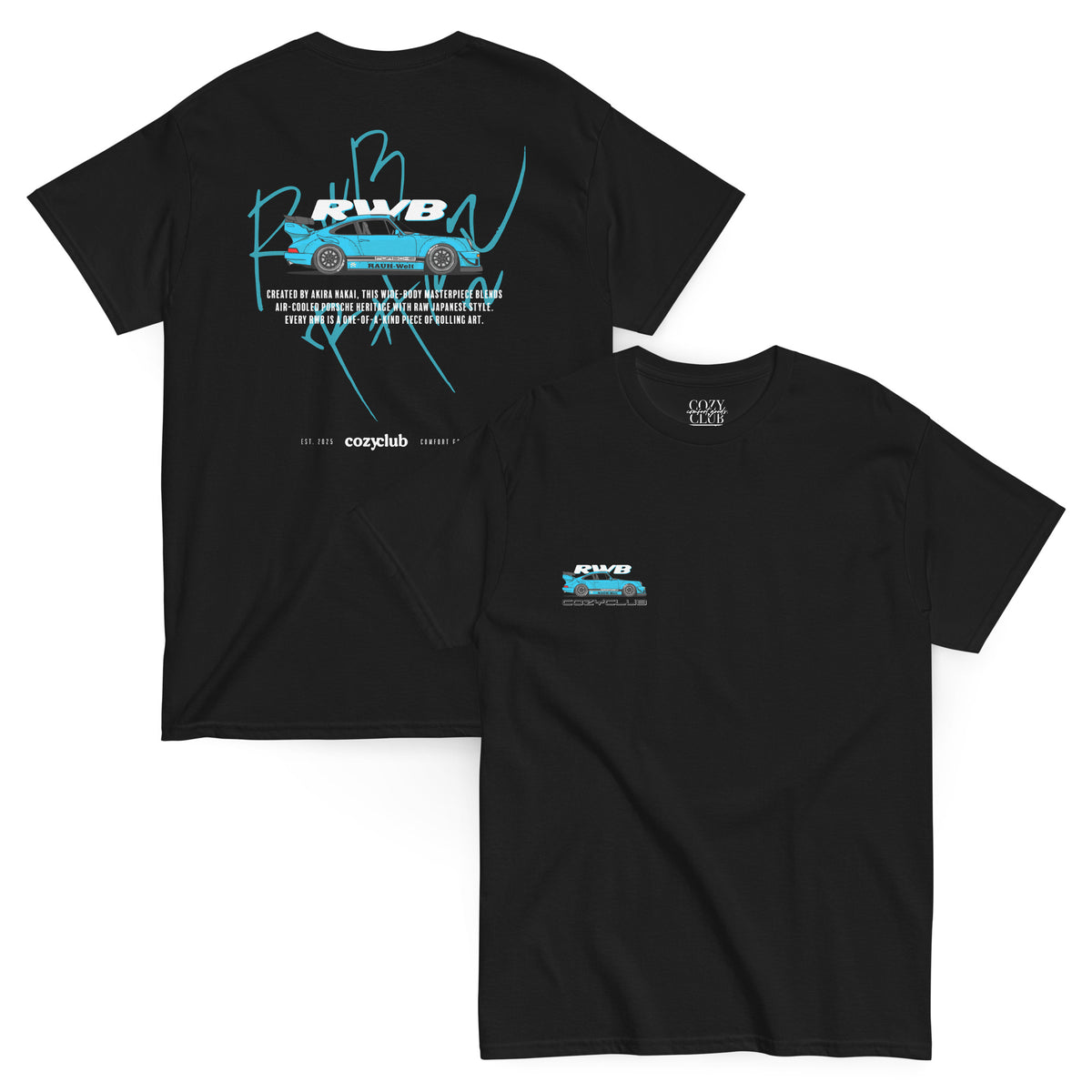 Main Back Graphic:

streetwear t-shirt with white RWB Rauh-Welt Begriff Porsche 911 widebody vector line art and Japanese typography

Front Chest Detail / Pocket Logo:

Close up front chest logo on RWB Porsche 911 widebody air-cooled graphic tee

Lifestyle / Model Shot:

Model wearing RWB Porsche 911 widebody air-cooled graphic t-shirt

Flat Lay / Folded View:

Folded t-shirt showing RWB Rauh-Welt Begriff Porsche 911 widebody vector artwork and Cozy Club brand neck tag