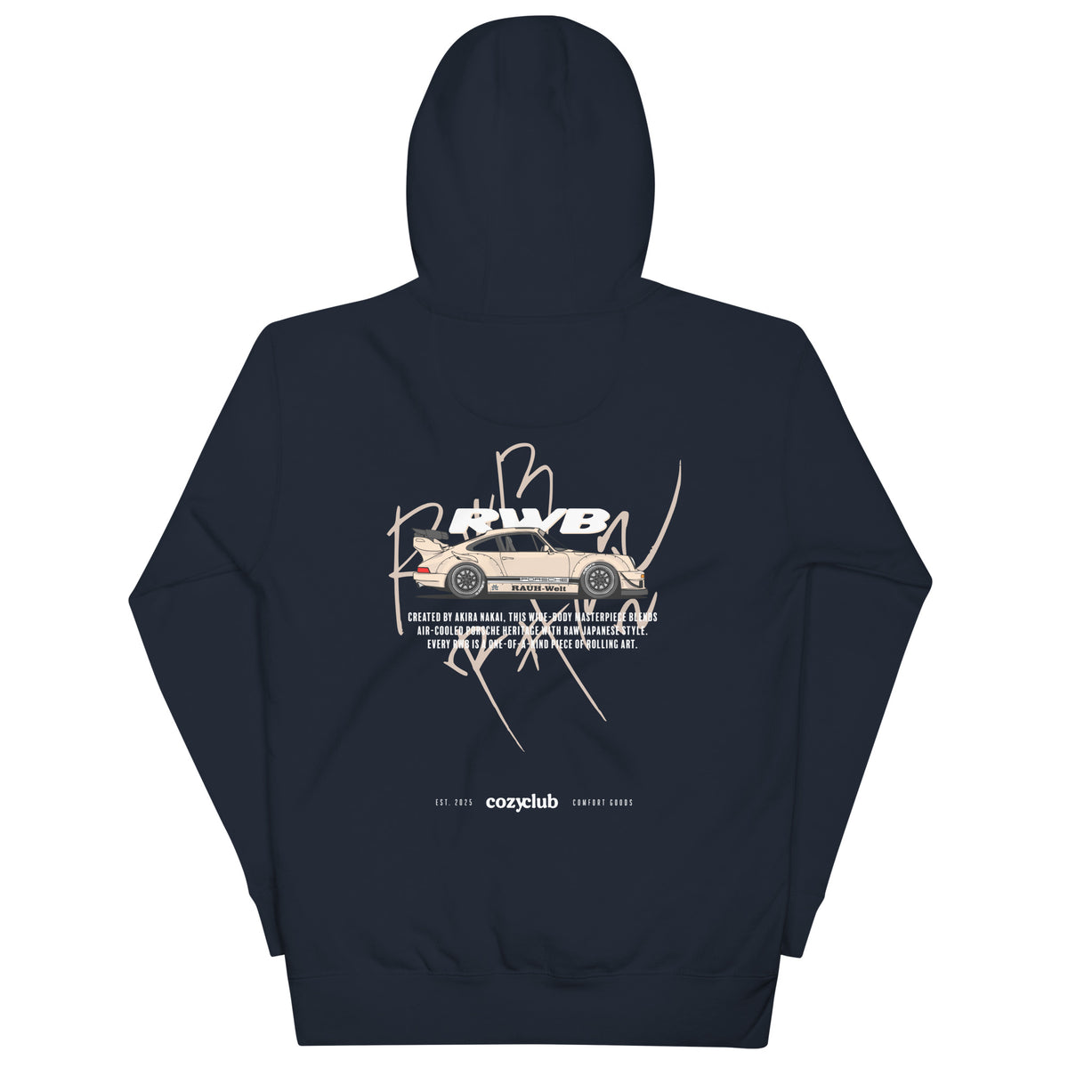 Main Back Graphic:

streetwear hoodie with white RWB Rauh-Welt Begriff Porsche 911 widebody vector line art and Japanese typography

Front Chest Detail / Pocket Logo:

Close up front chest logo on RWB Porsche 911 widebody air-cooled graphic hoodie

Lifestyle / Model Shot:

Model wearing RWB Porsche 911 widebody air-cooled graphic hoodie

Flat Lay / Folded View:

Folded hoodie showing RWB Rauh-Welt Begriff Porsche 911 widebody vector artwork and Cozy Club brand neck tag
