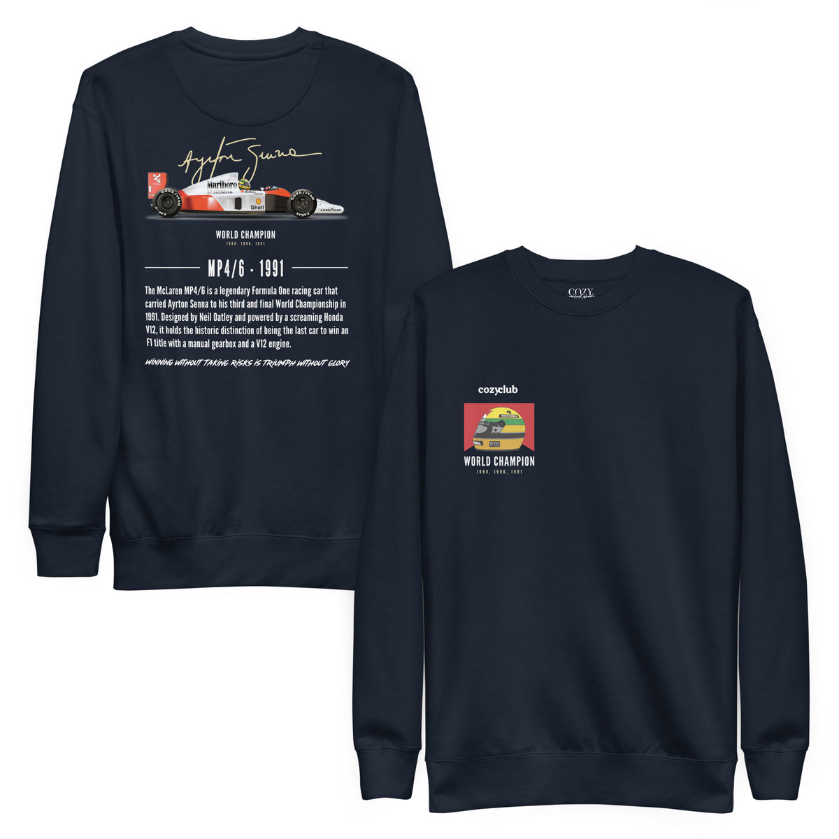 Back / Main Graphic Image:

Streetwear sweatshirt featuring Ayrton Senna McLaren MP4/6 Formula 1 racing car vector line art on back with Honda V12 typography

Front Chest Detail / Pocket Logo:

Close up front chest logo on Ayrton Senna McLaren MP4/6 F1 graphic sweatshirt

Lifestyle / Model Shot:

Model wearing Ayrton Senna McLaren MP4/6 vintage Formula 1 graphic sweatshirt

Flat Lay / Folded View:

Folded sweatshirt displaying Ayrton Senna McLaren MP4/6 graphic print and Cozy Club brand neck tag