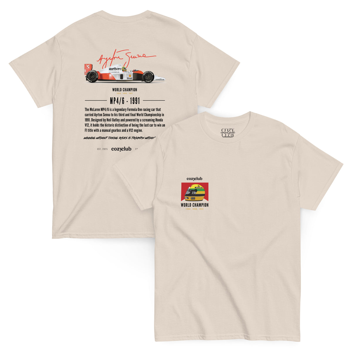 Back / Main Graphic Image:

Streetwear t-shirt featuring Ayrton Senna McLaren MP4/6 Formula 1 racing car vector line art on back with Honda V12 typography

Front Chest Detail / Pocket Logo:

Close up front chest logo on Ayrton Senna McLaren MP4/6 F1 graphic tee

Lifestyle / Model Shot:

Model wearing Ayrton Senna McLaren MP4/6 vintage Formula 1 graphic t-shirt

Flat Lay / Folded View:

Folded t-shirt displaying Ayrton Senna McLaren MP4/6 graphic print and Cozy Club brand neck tag