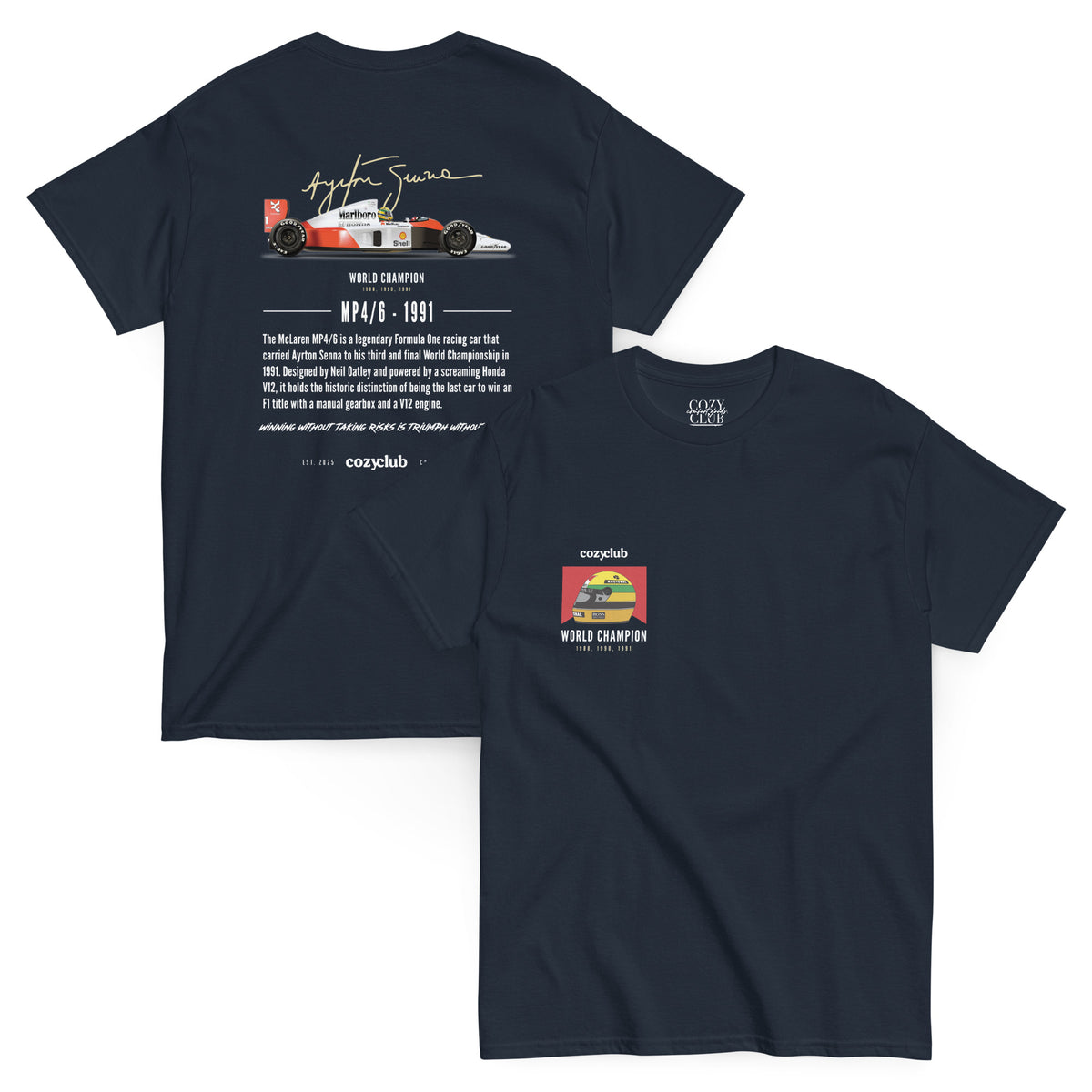 Back / Main Graphic Image:

Streetwear t-shirt featuring Ayrton Senna McLaren MP4/6 Formula 1 racing car vector line art on back with Honda V12 typography

Front Chest Detail / Pocket Logo:

Close up front chest logo on Ayrton Senna McLaren MP4/6 F1 graphic tee

Lifestyle / Model Shot:

Model wearing Ayrton Senna McLaren MP4/6 vintage Formula 1 graphic t-shirt

Flat Lay / Folded View:

Folded t-shirt displaying Ayrton Senna McLaren MP4/6 graphic print and Cozy Club brand neck tag