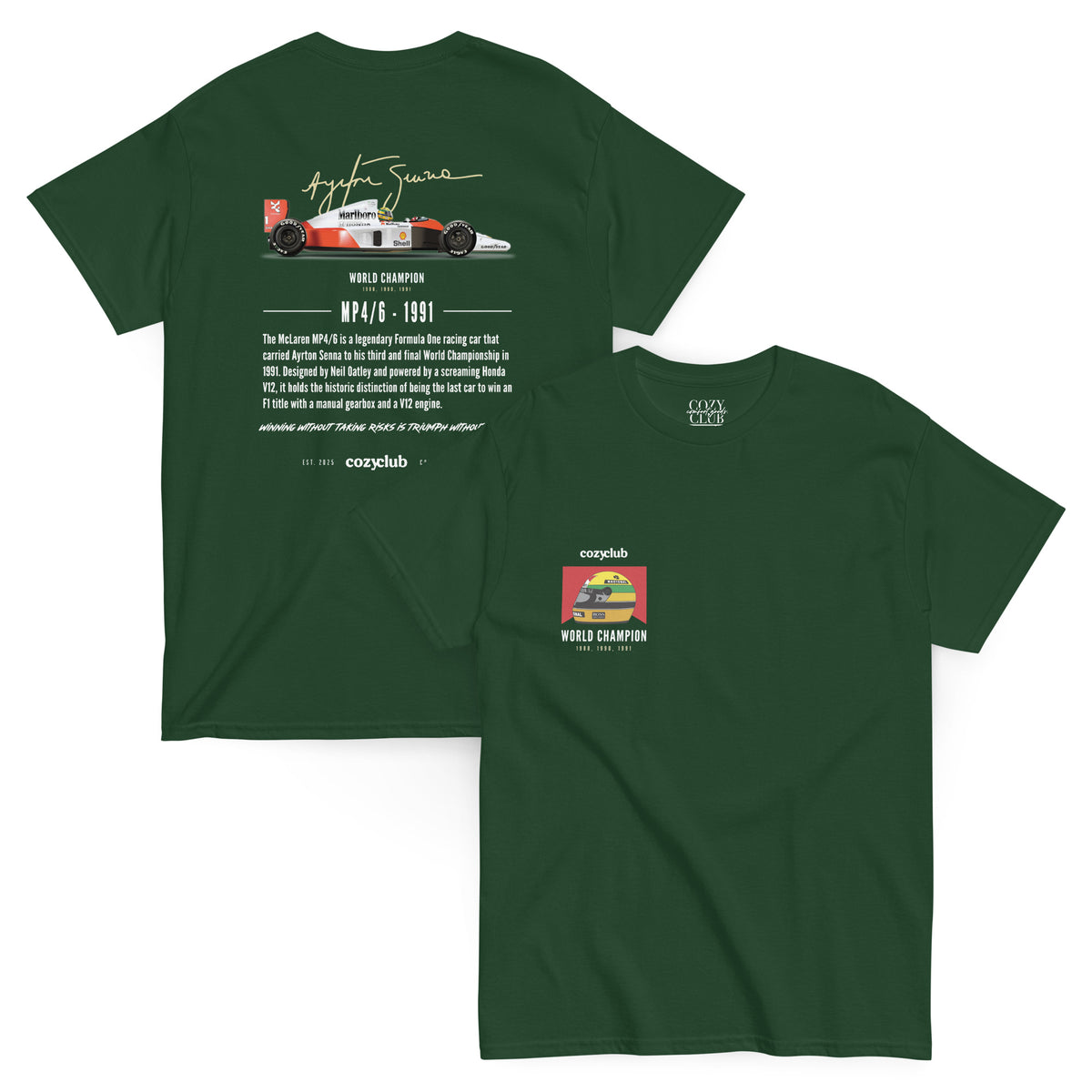 Back / Main Graphic Image:

Streetwear t-shirt featuring Ayrton Senna McLaren MP4/6 Formula 1 racing car vector line art on back with Honda V12 typography

Front Chest Detail / Pocket Logo:

Close up front chest logo on Ayrton Senna McLaren MP4/6 F1 graphic tee

Lifestyle / Model Shot:

Model wearing Ayrton Senna McLaren MP4/6 vintage Formula 1 graphic t-shirt

Flat Lay / Folded View:

Folded t-shirt displaying Ayrton Senna McLaren MP4/6 graphic print and Cozy Club brand neck tag