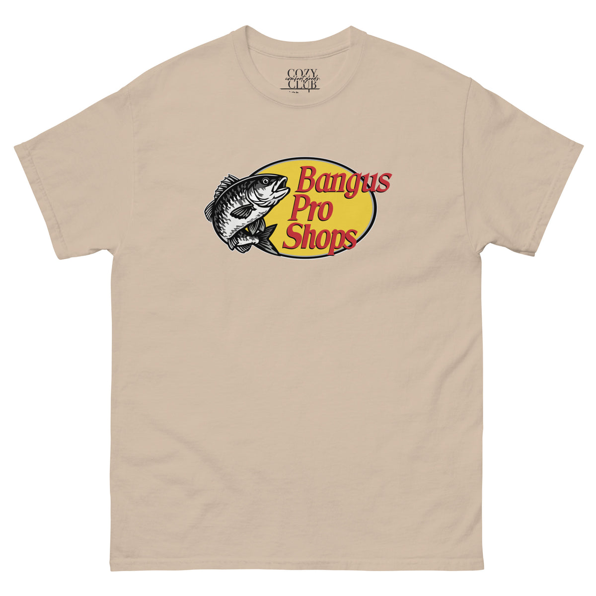 Back / Main Graphic Image:

Streetwear t-shirt featuring Bangus Pro Shops outdoor badge parody graphic with Cozy Club typography

Front Chest Detail / Pocket Logo:

Close up front chest logo on Bangus Pro Shops outdoor parody graphic tee

Lifestyle / Model Shot:

Model wearing Bangus Pro Shops outdoor parody graphic t-shirt

Flat Lay / Folded View:

Folded t-shirt displaying Bangus Pro Shops parody graphic print and Cozy Club brand neck tag