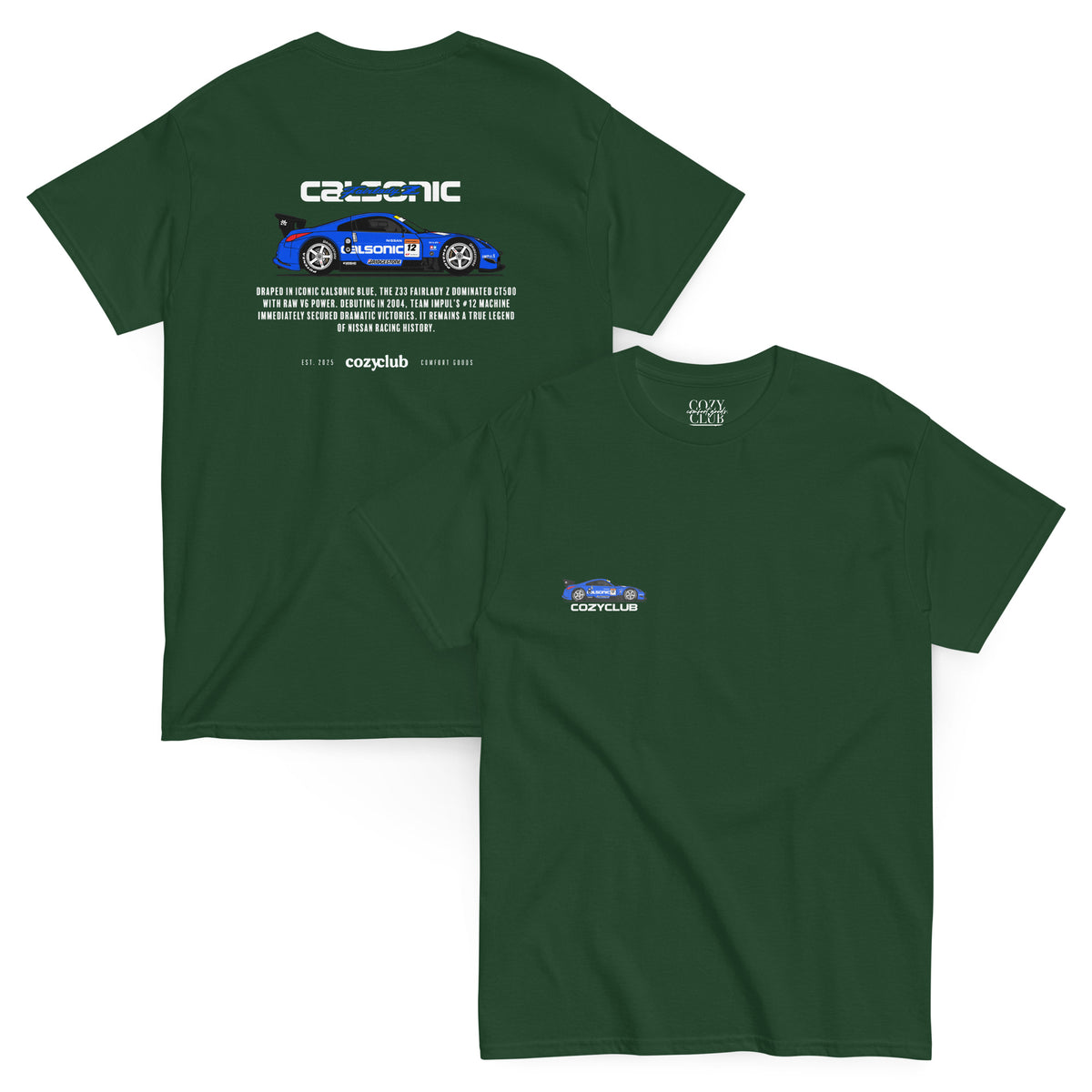 Back / Main Graphic Image:

Streetwear t-shirt featuring Calsonic Impul 350Z Super GT GT500 race car vector line art on back with technical typography

Front Chest Detail / Pocket Logo:

Close up front chest logo on Calsonic Impul 350Z racing graphic tee

Lifestyle / Model Shot:

Model wearing Calsonic Impul 350Z vintage Japanese Super GT graphic t-shirt

Flat Lay / Folded View:

Folded t-shirt displaying Calsonic Impul 350Z graphic print and Cozy Club brand neck tag