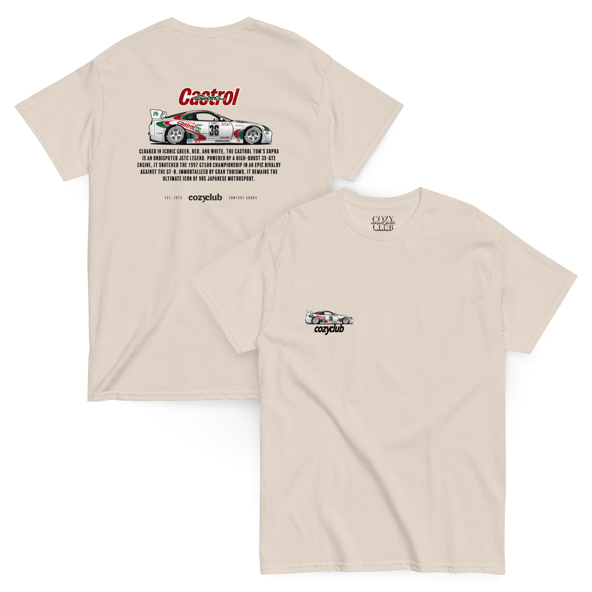Back / Main Graphic Image:

Streetwear t-shirt featuring Castrol TOM'S Supra JZA80 JGTC GT500 race car vector line art on back with technical typography

Front Chest Detail / Pocket Logo:

Close up front chest logo on Castrol TOM'S Supra racing graphic tee

Lifestyle / Model Shot:

Model wearing Castrol TOM'S Supra vintage Japanese JGTC graphic t-shirt

Flat Lay / Folded View:

Folded t-shirt displaying Castrol TOM'S Supra graphic print and Cozy Club brand neck tag