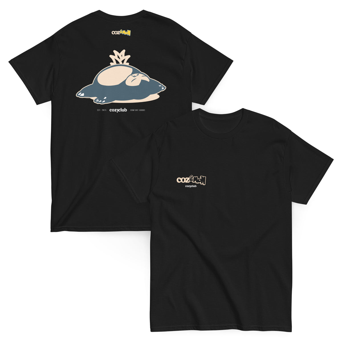 Back / Main Graphic Image:

streetwear t-shirt featuring Cozemon pokemon sleeping Snorlax illustration with Cozy Club Sleep Dept typography

Front Chest Detail / Pocket Logo:

Close up front chest logo on Cozemon pokemon sleeping Snorlax anime parody graphic tee

Lifestyle / Model Shot:

Model wearing Cozemon pokemon sleeping Snorlax anime graphic t-shirt

Flat Lay / Folded View:

Folded t-shirt displaying Cozemon pokemon sleeping Snorlax graphic print and Cozy Club brand neck tag