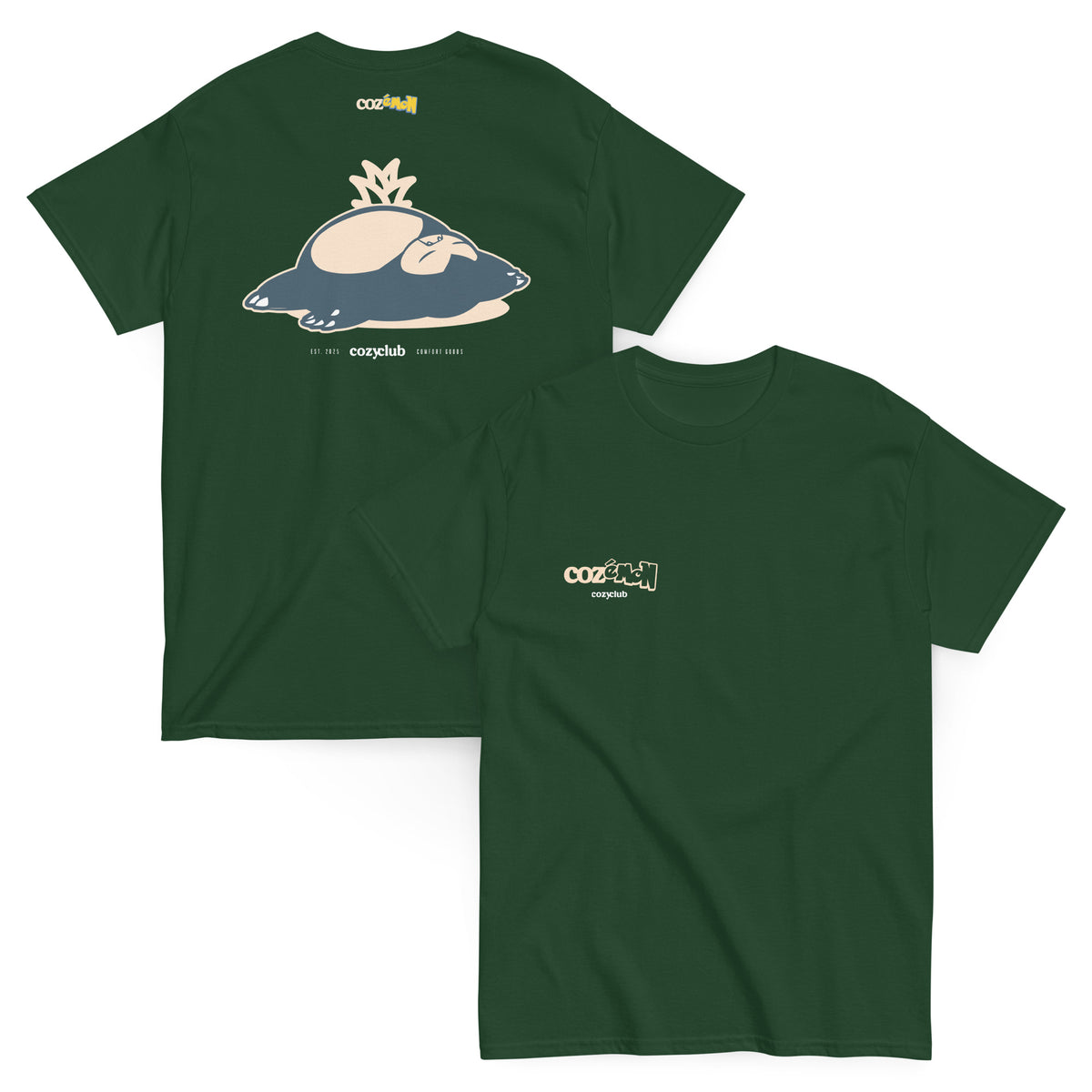 Back / Main Graphic Image:

streetwear t-shirt featuring Cozemon pokemon sleeping Snorlax illustration with Cozy Club Sleep Dept typography

Front Chest Detail / Pocket Logo:

Close up front chest logo on Cozemon pokemon sleeping Snorlax anime parody graphic tee

Lifestyle / Model Shot:

Model wearing Cozemon pokemon sleeping Snorlax anime graphic t-shirt

Flat Lay / Folded View:

Folded t-shirt displaying Cozemon pokemon sleeping Snorlax graphic print and Cozy Club brand neck tag