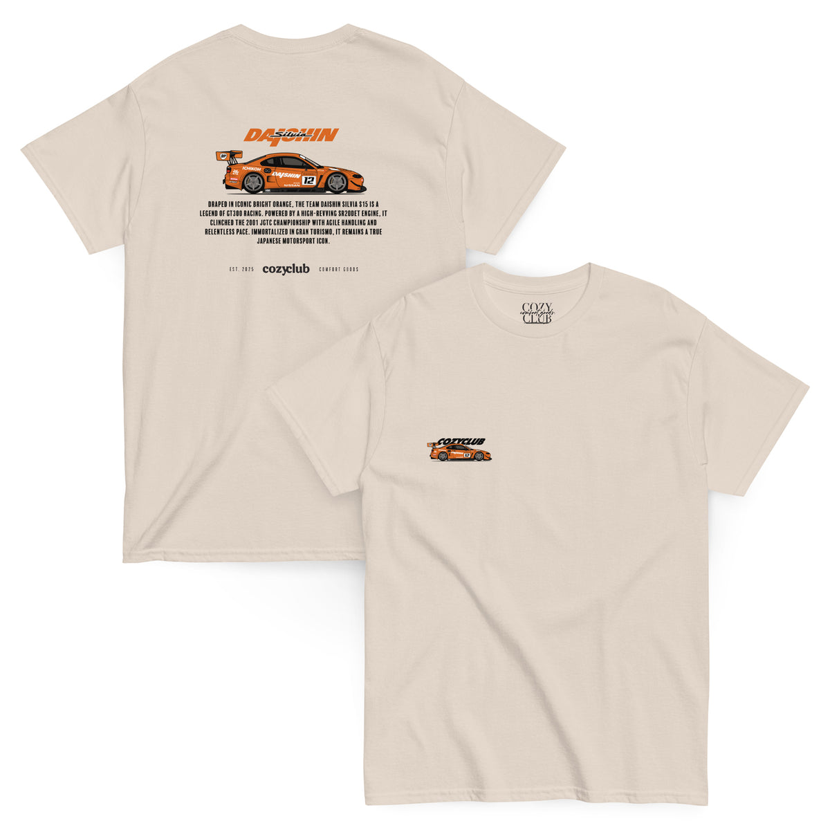 Back / Main Graphic Image:

Streetwear t-shirt featuring Daishin Silvia S15 JGTC GT300 race car vector line art on back with technical typography

Front Chest Detail / Pocket Logo:

Close up front chest logo on Daishin Silvia S15 racing graphic tee

Lifestyle / Model Shot:

Model wearing Daishin Silvia S15 vintage Japanese JGTC graphic t-shirt

Flat Lay / Folded View:

Folded t-shirt displaying Daishin Silvia S15 graphic print and Cozy Club brand neck tag