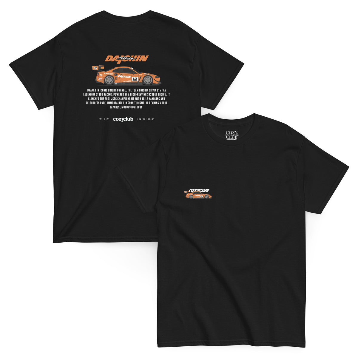 Back / Main Graphic Image:

Streetwear t-shirt featuring Daishin Silvia S15 JGTC GT300 race car vector line art on back with technical typography

Front Chest Detail / Pocket Logo:

Close up front chest logo on Daishin Silvia S15 racing graphic tee

Lifestyle / Model Shot:

Model wearing Daishin Silvia S15 vintage Japanese JGTC graphic t-shirt

Flat Lay / Folded View:

Folded t-shirt displaying Daishin Silvia S15 graphic print and Cozy Club brand neck tag