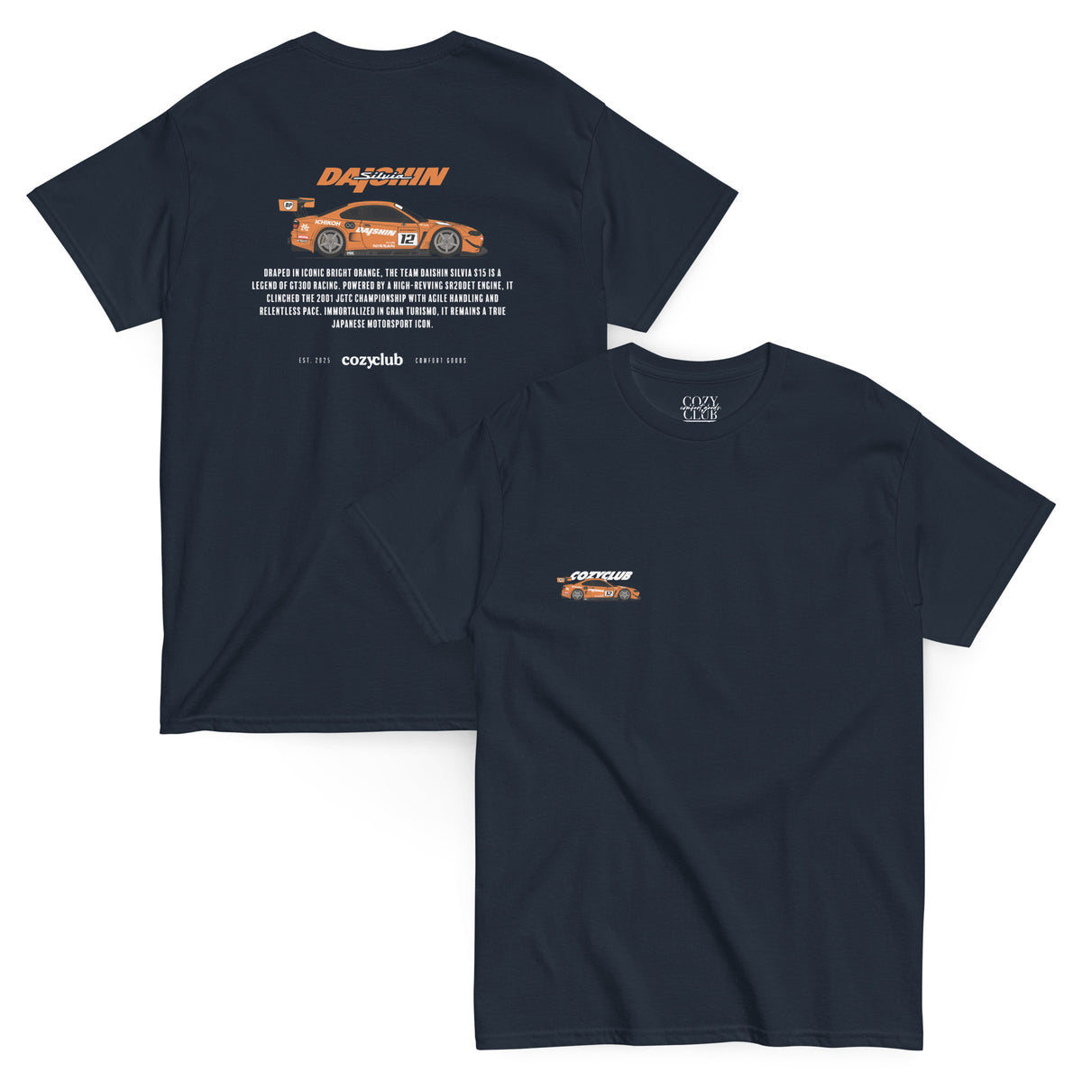 Back / Main Graphic Image:

Streetwear t-shirt featuring Daishin Silvia S15 JGTC GT300 race car vector line art on back with technical typography

Front Chest Detail / Pocket Logo:

Close up front chest logo on Daishin Silvia S15 racing graphic tee

Lifestyle / Model Shot:

Model wearing Daishin Silvia S15 vintage Japanese JGTC graphic t-shirt

Flat Lay / Folded View:

Folded t-shirt displaying Daishin Silvia S15 graphic print and Cozy Club brand neck tag