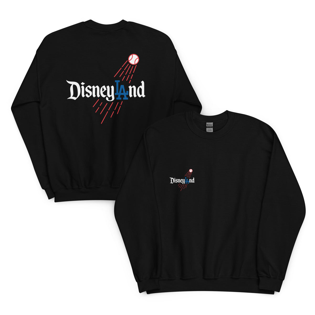 Back / Main Graphic Image:

Streetwear sweatshirt featuring Disneyland script typography styled with LA Dodgers baseball logo crossover graphic

Front Chest Detail / Pocket Logo:

Close up front chest logo on Disneyland LA Dodgers crossover parody graphic sweatshirt

Lifestyle / Model Shot:

Model wearing Disneyland LA Dodgers theme park baseball crossover graphic sweatshirt

Flat Lay / Folded View:

Folded t-shirt displaying Disneyland LA Dodgers graphic print and Cozy Club brand neck tag