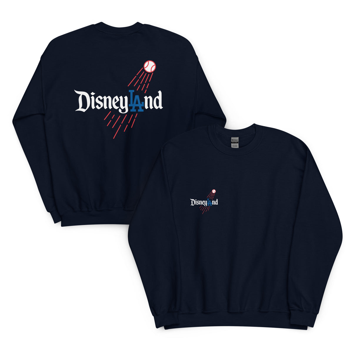 Back / Main Graphic Image:

Streetwear sweatshirt featuring Disneyland script typography styled with LA Dodgers baseball logo crossover graphic

Front Chest Detail / Pocket Logo:

Close up front chest logo on Disneyland LA Dodgers crossover parody graphic tee

Lifestyle / Model Shot:

Model wearing Disneyland LA Dodgers theme park baseball crossover graphic sweatshirt

Flat Lay / Folded View:

Folded sweatshirt displaying Disneyland LA Dodgers graphic print and Cozy Club brand neck tag