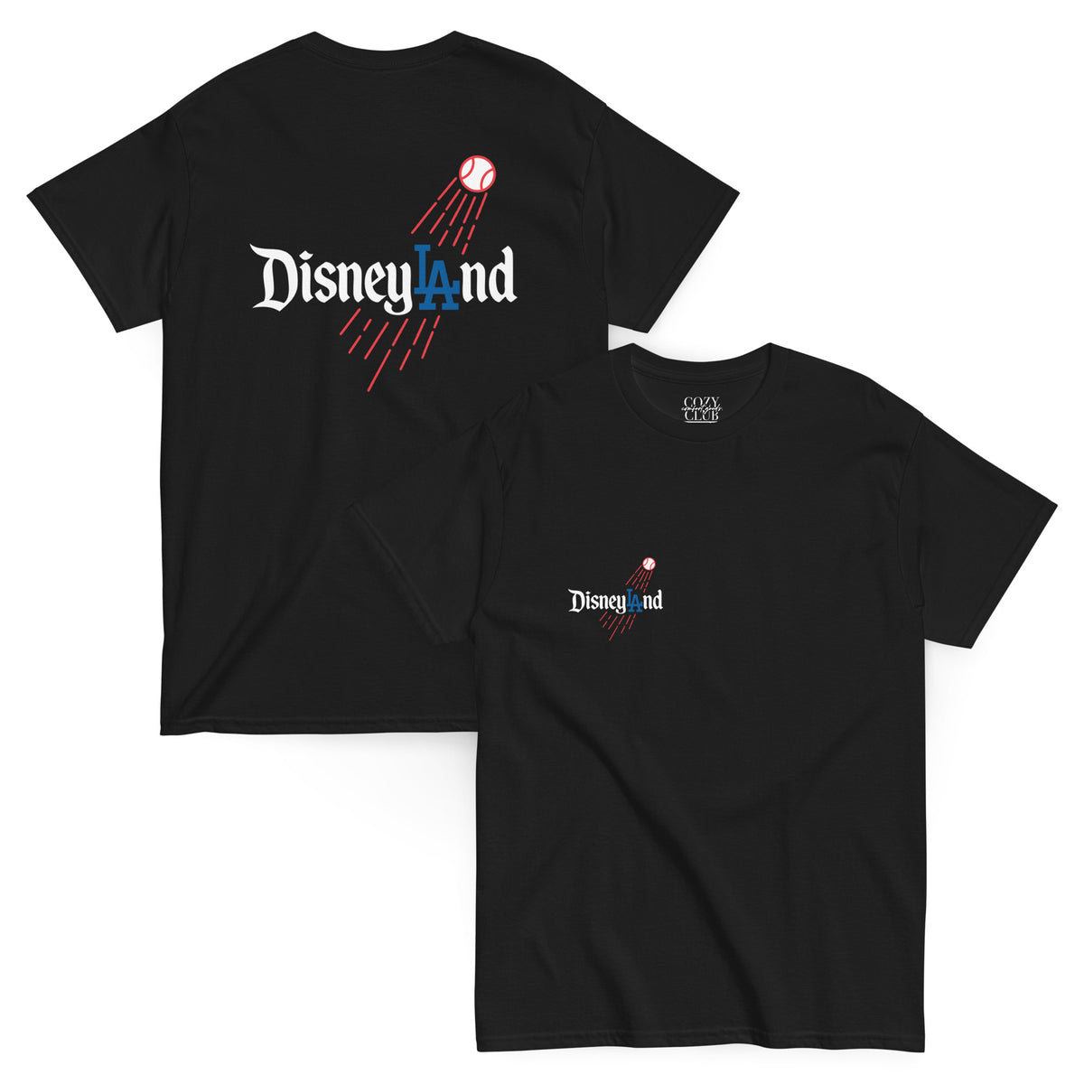 Back / Main Graphic Image:

Streetwear t-shirt featuring Disneyland script typography styled with LA Dodgers baseball logo crossover graphic

Front Chest Detail / Pocket Logo:

Close up front chest logo on Disneyland LA Dodgers crossover parody graphic tee

Lifestyle / Model Shot:

Model wearing Disneyland LA Dodgers theme park baseball crossover graphic t-shirt

Flat Lay / Folded View:

Folded t-shirt displaying Disneyland LA Dodgers graphic print and Cozy Club brand neck tag