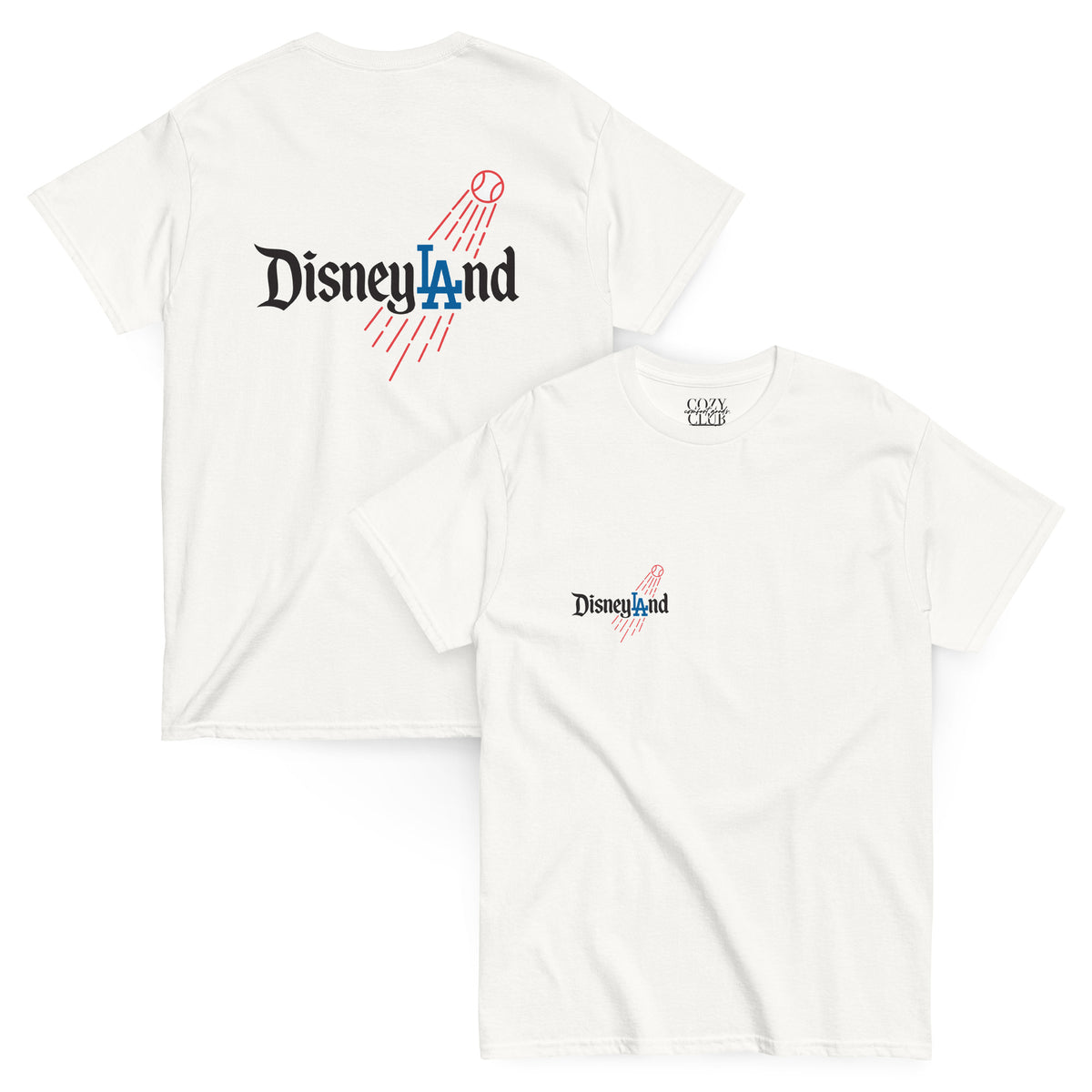 Back / Main Graphic Image:

Streetwear t-shirt featuring Disneyland script typography styled with LA Dodgers baseball logo crossover graphic

Front Chest Detail / Pocket Logo:

Close up front chest logo on Disneyland LA Dodgers crossover parody graphic tee

Lifestyle / Model Shot:

Model wearing Disneyland LA Dodgers theme park baseball crossover graphic t-shirt

Flat Lay / Folded View:

Folded t-shirt displaying Disneyland LA Dodgers graphic print and Cozy Club brand neck tag