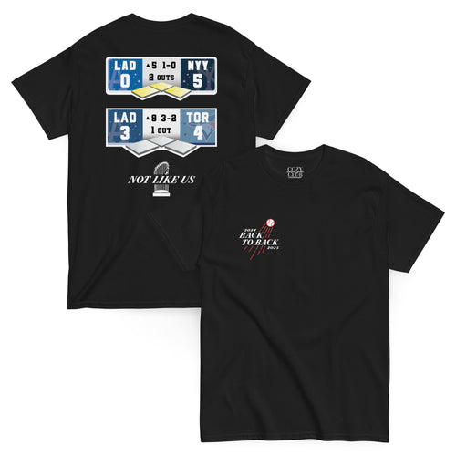 Main Back Graphic:

Blue streetwear t-shirt featuring Dodgers back to back World Series championship scoreboards graphic with vintage typography

Front Chest Detail / Pocket Logo:

Close up front chest logo on Dodgers back to back championship graphic tee

Lifestyle / Model Shot:

Model wearing Los Angeles Dodgers back to back World Series scoreboard graphic t-shirt

Flat Lay / Folded View:

Folded t-shirt showing Dodgers back to back championship scoreboard graphic print and Cozy Club brand neck tag