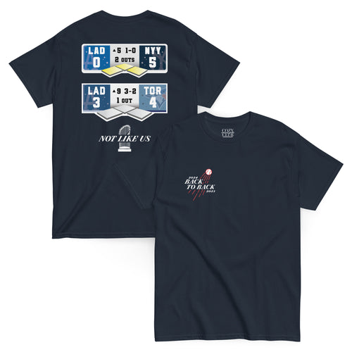 Main Back Graphic:

Blue streetwear t-shirt featuring Dodgers back to back World Series championship scoreboards graphic with vintage typography

Front Chest Detail / Pocket Logo:

Close up front chest logo on Dodgers back to back championship graphic tee

Lifestyle / Model Shot:

Model wearing Los Angeles Dodgers back to back World Series scoreboard graphic t-shirt

Flat Lay / Folded View:

Folded t-shirt showing Dodgers back to back championship scoreboard graphic print and Cozy Club brand neck tag