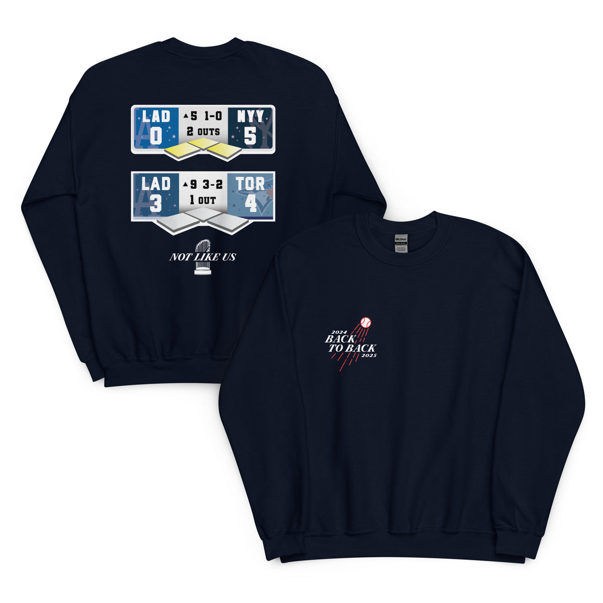 Main Back Graphic:

Streetwear sweatshirt featuring Dodgers back to back World Series championship scoreboards graphic 

Front Chest Detail / Pocket Logo:

Close up front chest logo on Dodgers back to back championship graphic sweatshirt

Lifestyle / Model Shot:

Model wearing Los Angeles Dodgers back to back World Series scoreboard graphic sweatshirt

Flat Lay / Folded View:

Folded sweatshirt showing Dodgers back to back championship scoreboard graphic print and Cozy Club brand neck tag