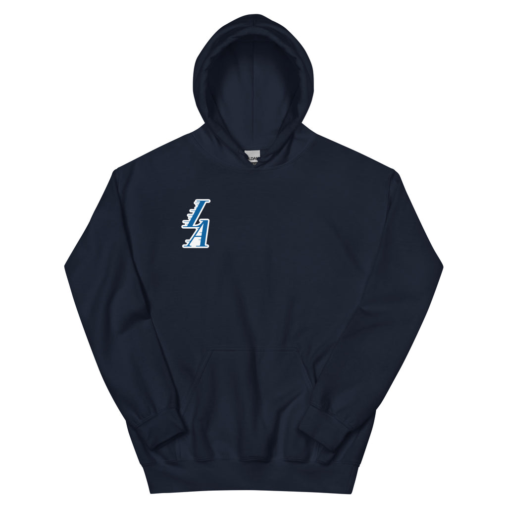 Back / Main Graphic Image:

Streetwear hoodie featuring Dodgers baseball logo styled with Lakers speed-lines typography on back

Front Chest Detail / Pocket Logo:

Close up front chest LA logo in Lakers speed-lines font style on graphic hoodie

Lifestyle / Model Shot:

Model wearing Dodgers baseball logo in Lakers font style crossover graphic hoodie

Flat Lay / Folded View:

Folded hoodie displaying Dodgers graphic print in Lakers font style and Cozy Club brand neck tag
