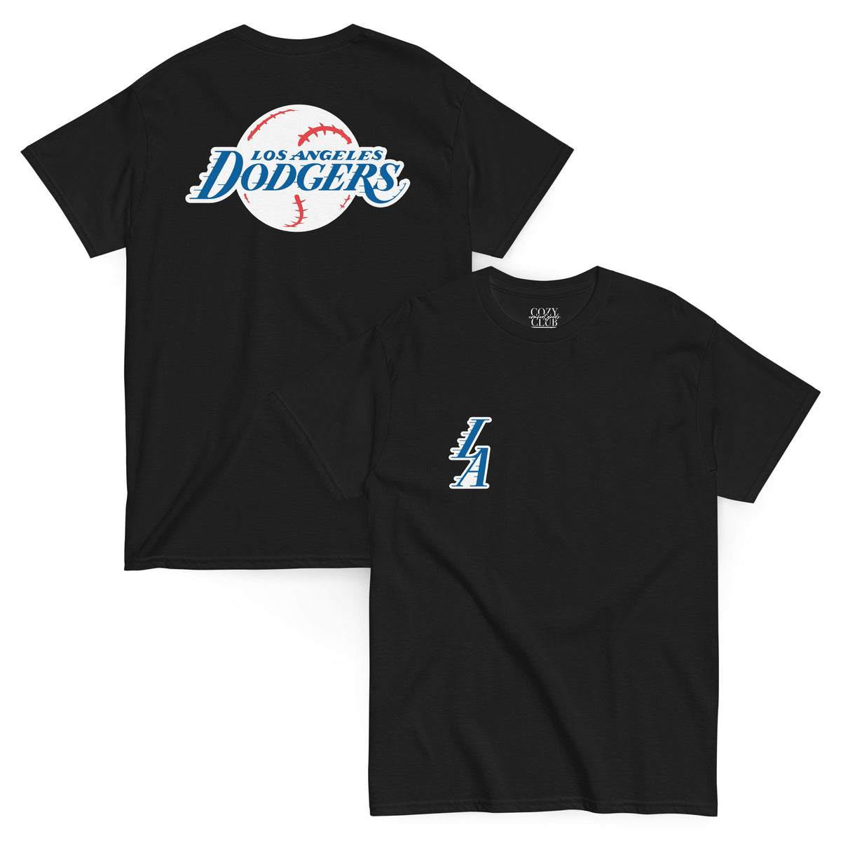 Back / Main Graphic Image:

Streetwear t-shirt featuring Dodgers baseball logo styled with Lakers speed-lines typography on back

Front Chest Detail / Pocket Logo:

Close up front chest LA logo in Lakers speed-lines font style on graphic tee

Lifestyle / Model Shot:

Model wearing Dodgers baseball logo in Lakers font style crossover graphic t-shirt

Flat Lay / Folded View:

Folded t-shirt displaying Dodgers graphic print in Lakers font style and Cozy Club brand neck tag
