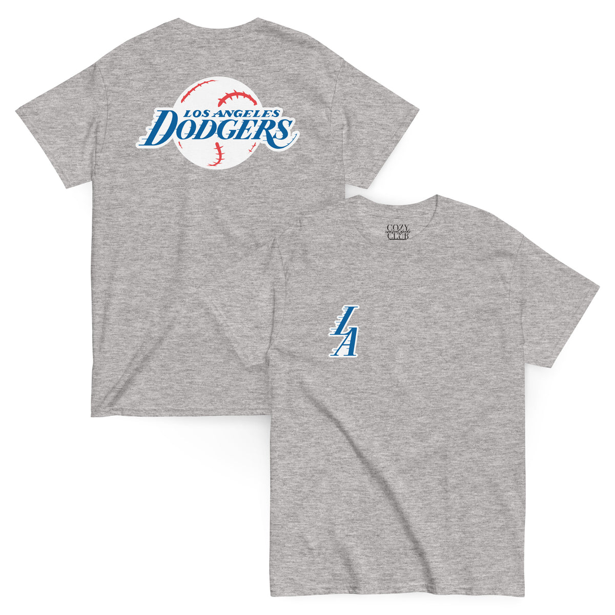 Back / Main Graphic Image:

Streetwear t-shirt featuring Dodgers baseball logo styled with Lakers speed-lines typography on back

Front Chest Detail / Pocket Logo:

Close up front chest LA logo in Lakers speed-lines font style on graphic tee

Lifestyle / Model Shot:

Model wearing Dodgers baseball logo in Lakers font style crossover graphic t-shirt

Flat Lay / Folded View:

Folded t-shirt displaying Dodgers graphic print in Lakers font style and Cozy Club brand neck tag