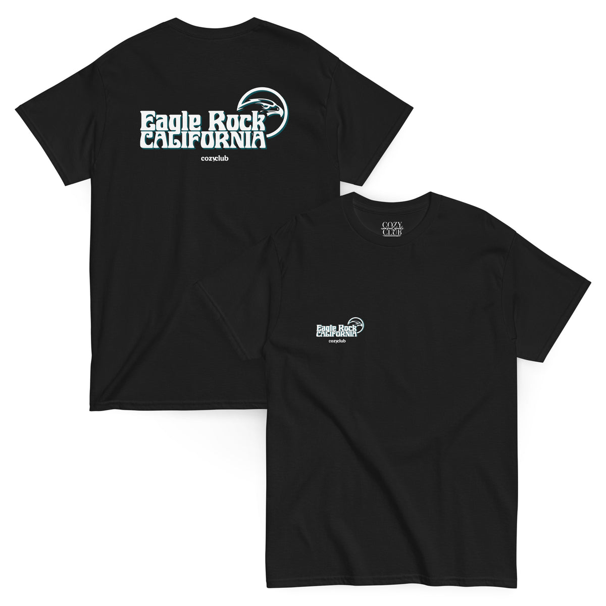 Back / Main Graphic Image:

Streetwear t-shirt featuring vintage Eagle Rock California hometown graphic with Cozy Club typography

Front Chest Detail / Pocket Logo:

Close up front chest logo on Eagle Rock California hometown graphic tee

Lifestyle / Model Shot:

Model wearing Eagle Rock California vintage hometown graphic t-shirt

Flat Lay / Folded View:

Folded t-shirt displaying Eagle Rock California graphic print and Cozy Club brand neck tag