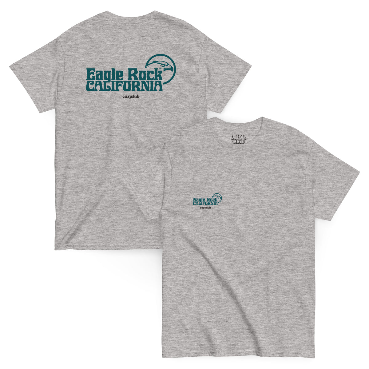 Back / Main Graphic Image:

Streetwear t-shirt featuring vintage Eagle Rock California hometown graphic with Cozy Club typography

Front Chest Detail / Pocket Logo:

Close up front chest logo on Eagle Rock California hometown graphic tee

Lifestyle / Model Shot:

Model wearing Eagle Rock California vintage hometown graphic t-shirt

Flat Lay / Folded View:

Folded t-shirt displaying Eagle Rock California graphic print and Cozy Club brand neck tag
