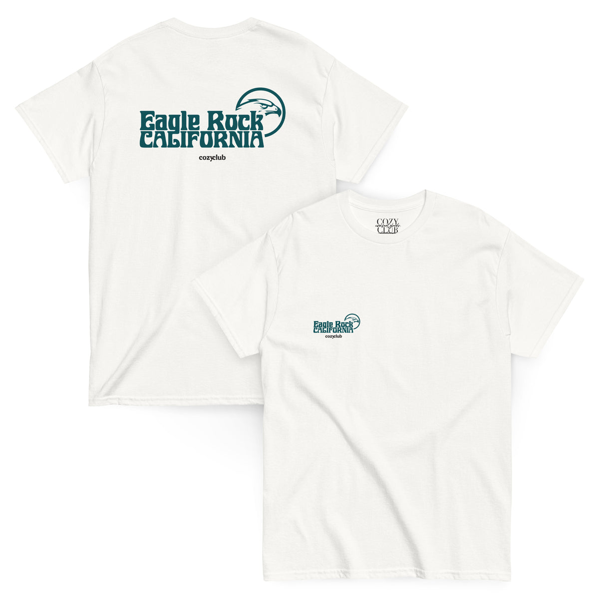 Back / Main Graphic Image:

Streetwear t-shirt featuring vintage Eagle Rock California hometown graphic with Cozy Club typography

Front Chest Detail / Pocket Logo:

Close up front chest logo on Eagle Rock California hometown graphic tee

Lifestyle / Model Shot:

Model wearing Eagle Rock California vintage hometown graphic t-shirt

Flat Lay / Folded View:

Folded t-shirt displaying Eagle Rock California graphic print and Cozy Club brand neck tag