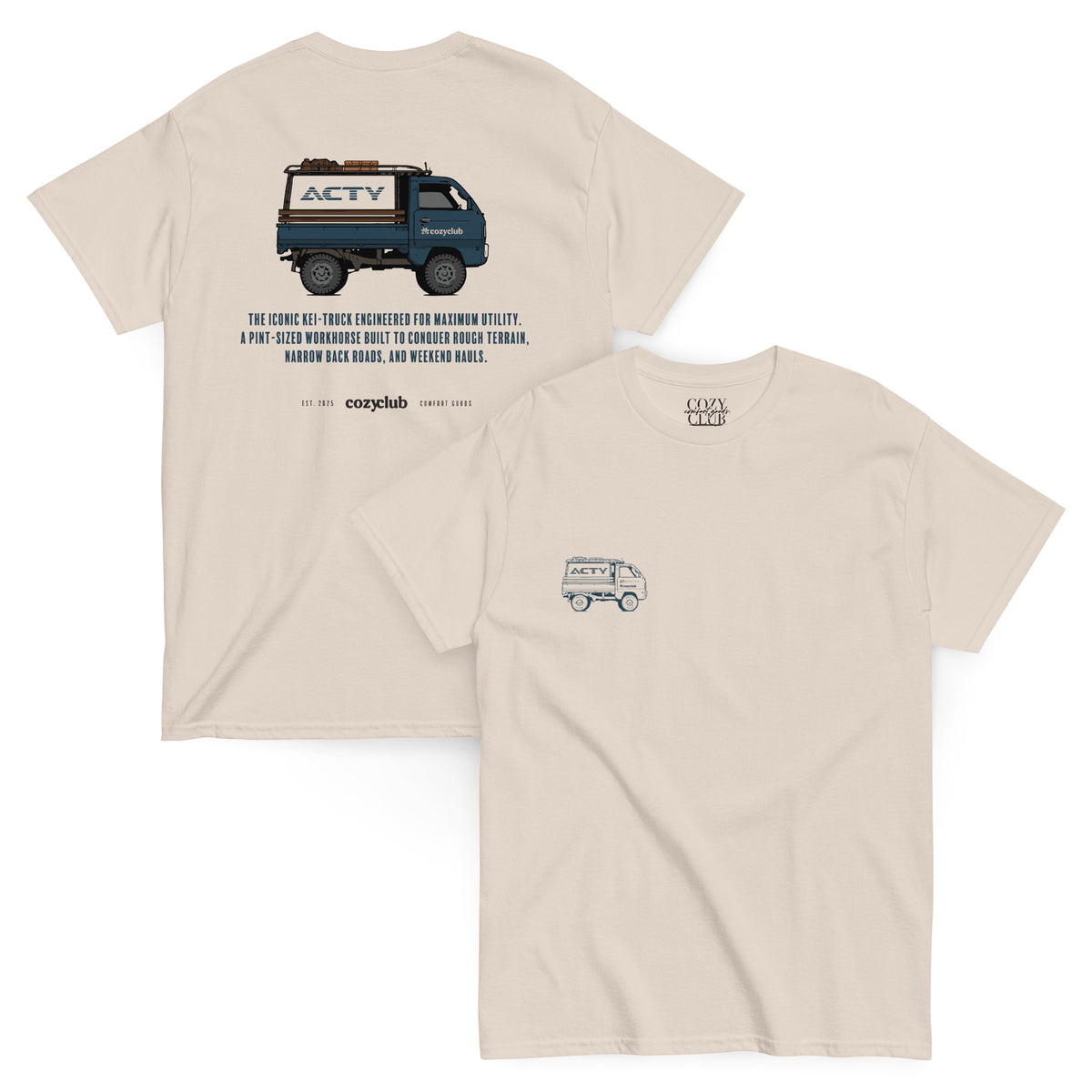 Main Back Graphic:

Streetwear t-shirt featuring Honda Acty Kei truck vector line art and Japanese typography

Front Chest Detail / Pocket Logo:

Close up front chest logo on Honda Acty mini truck graphic tee

Lifestyle / Model Shot:

Model wearing Honda Acty Kei truck vintage graphic t-shirt

Flat Lay / Folded View:

Folded t-shirt displaying Honda Acty 660cc micro-truck vector graphic