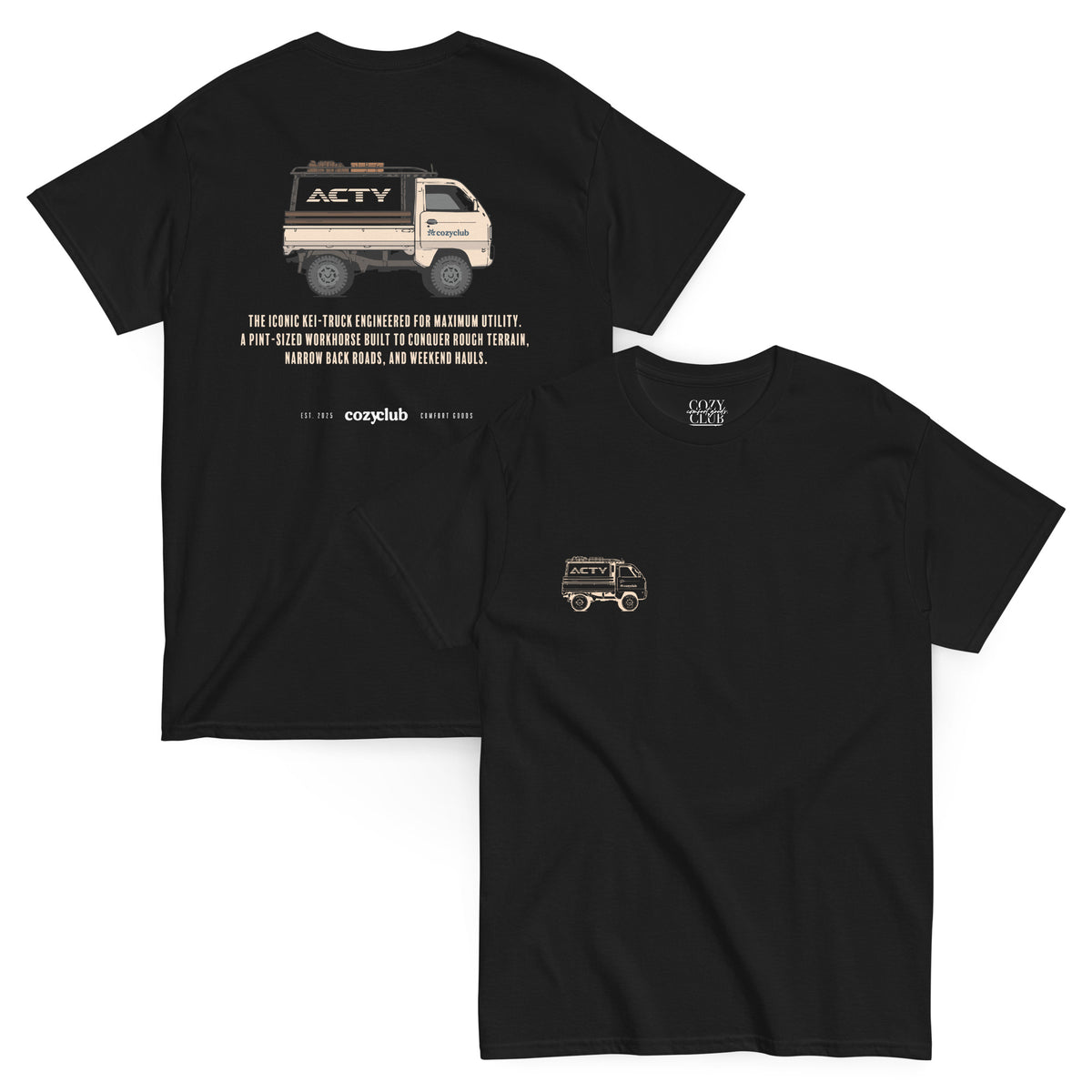 Main Back Graphic:

Streetwear t-shirt featuring Honda Acty Kei truck vector line art and Japanese typography

Front Chest Detail / Pocket Logo:

Close up front chest logo on Honda Acty mini truck graphic tee

Lifestyle / Model Shot:

Model wearing Honda Acty Kei truck vintage graphic t-shirt

Flat Lay / Folded View:

Folded t-shirt displaying Honda Acty 660cc micro-truck vector graphic