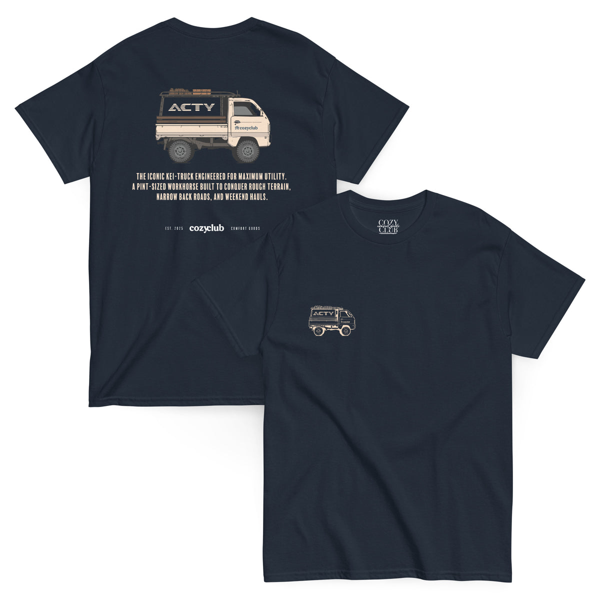 Main Back Graphic:

Streetwear t-shirt featuring Honda Acty Kei truck vector line art and Japanese typography

Front Chest Detail / Pocket Logo:

Close up front chest logo on Honda Acty mini truck graphic tee

Lifestyle / Model Shot:

Model wearing Honda Acty Kei truck vintage graphic t-shirt

Flat Lay / Folded View:

Folded t-shirt displaying Honda Acty 660cc micro-truck vector graphic