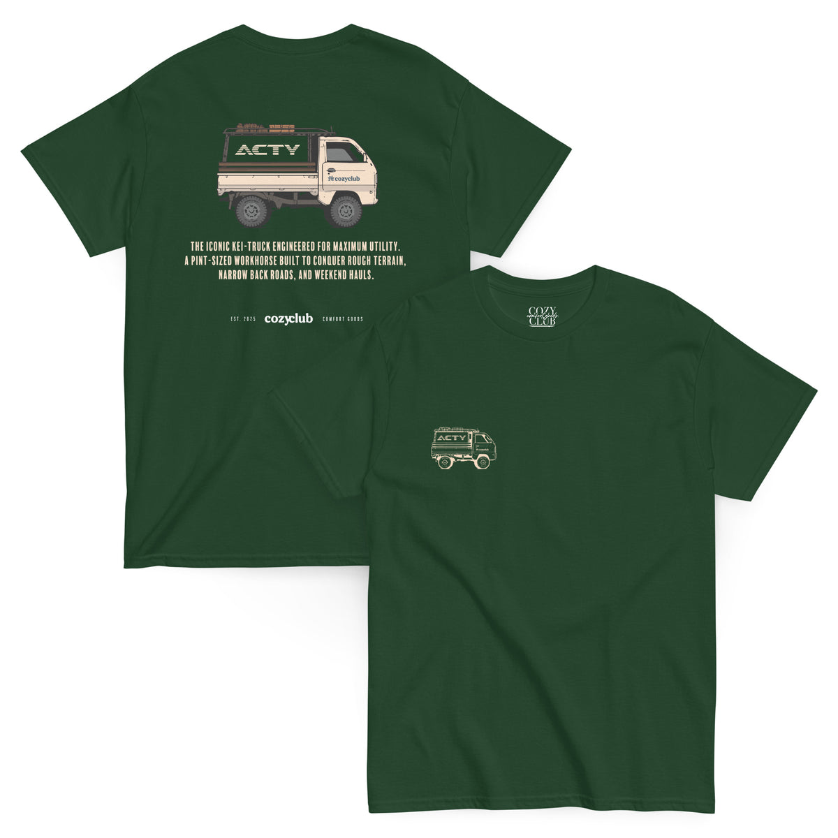Main Back Graphic:

Streetwear t-shirt featuring Honda Acty Kei truck vector line art and Japanese typography

Front Chest Detail / Pocket Logo:

Close up front chest logo on Honda Acty mini truck graphic tee

Lifestyle / Model Shot:

Model wearing Honda Acty Kei truck vintage graphic t-shirt

Flat Lay / Folded View:

Folded t-shirt displaying Honda Acty 660cc micro-truck vector graphic