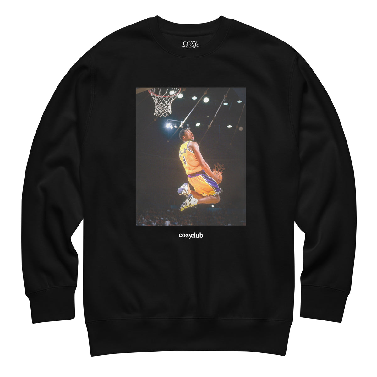 Main Graphic Image:

Streetwear sweatshirt featuring graphic print of Kobe Bryant mid air in-game reverse dunk wearing gold number 8 Lakers jersey with pineapple basketball print[cite: 5]