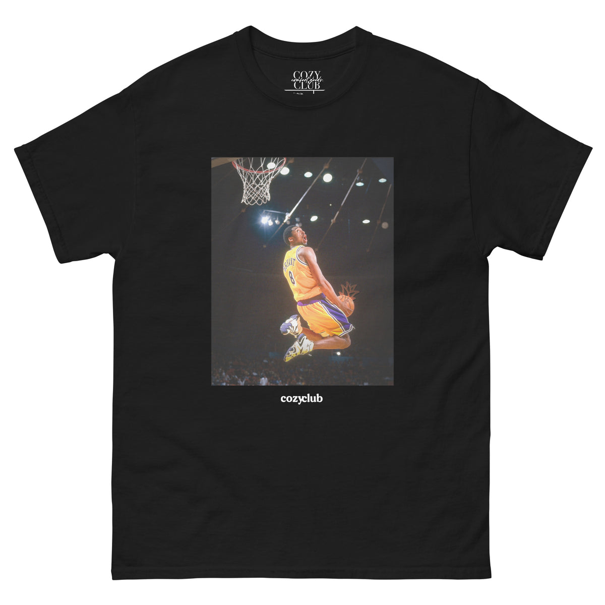 Back / Main Graphic Image:

Streetwear t-shirt featuring graphic print of Kobe Bryant mid air 1997 Slam Dunk Contest reverse dunk wearing number 8 jersey with pineapple basketball print[cite: 5]

Front Chest Detail / Pocket Logo:

Close up front chest logo on Kobe Bryant reverse dunk basketball graphic tee[cite: 5]

Lifestyle / Model Shot:

Model wearing Kobe Bryant 1997 Slam Dunk Contest reverse dunk graphic t-shirt[cite: 5]

Flat Lay / Folded View:

Folded t-shirt displaying Kobe Bryant reverse dunk graph