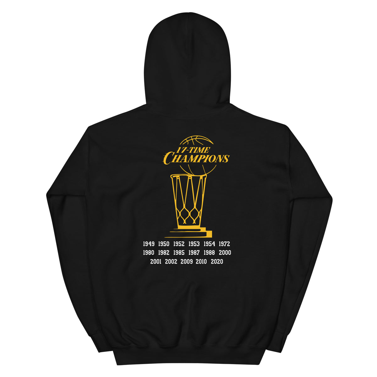 Fleece hoodie featuring Lakers 17-time champions gold basketball trophy graphic and championship years on back