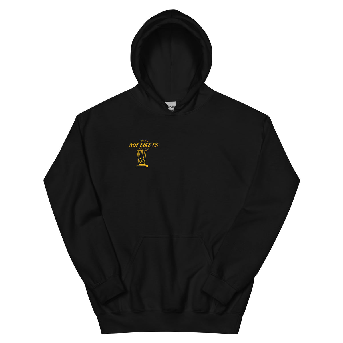 Close up front chest logo on Lakers 17-time champions Not Like Us basketball graphic hoodie