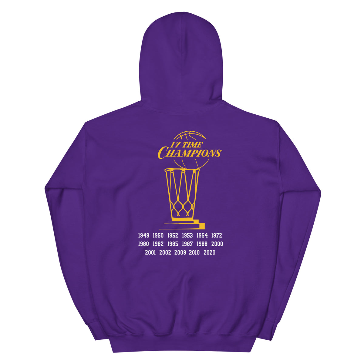 Fleece hoodie featuring Lakers 17-time champions gold basketball trophy graphic and championship years on back