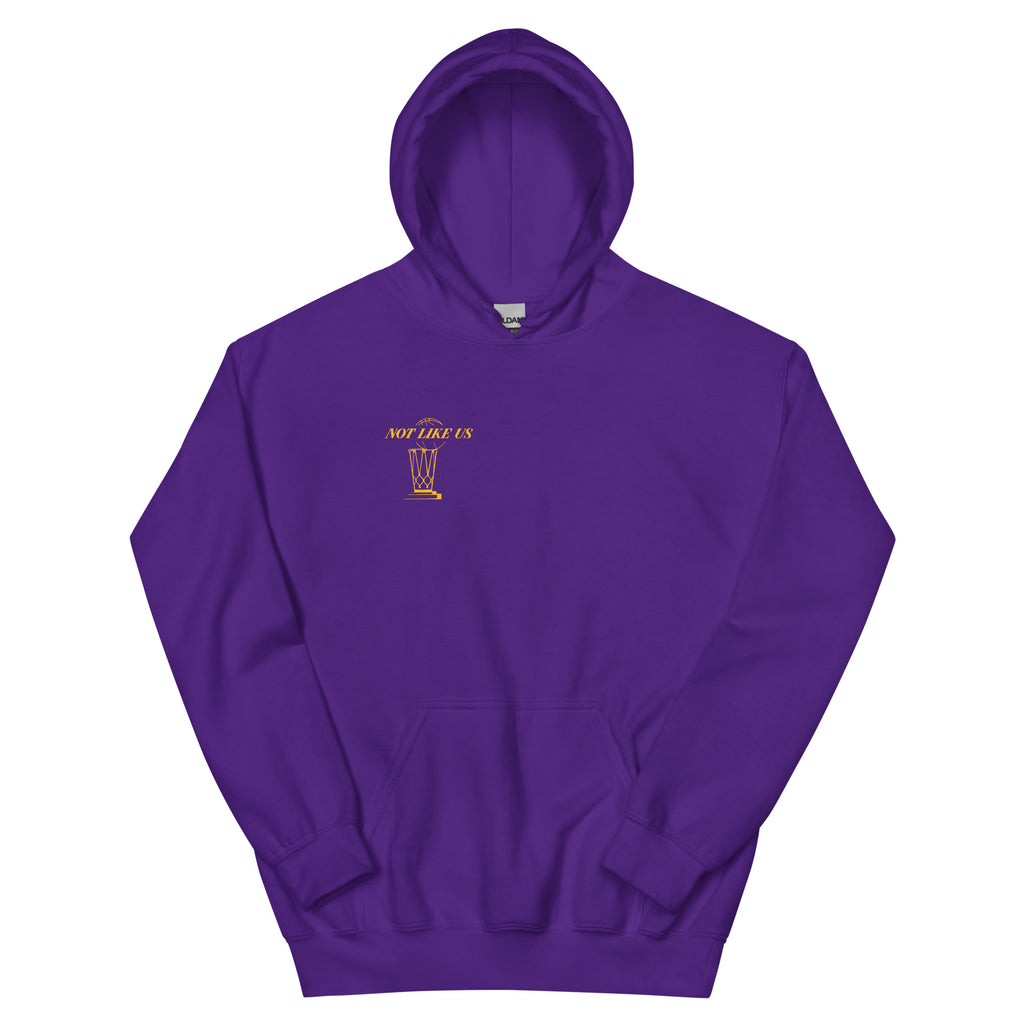 Close up front chest logo on Lakers 17-time champions Not Like Us basketball graphic hoodie
