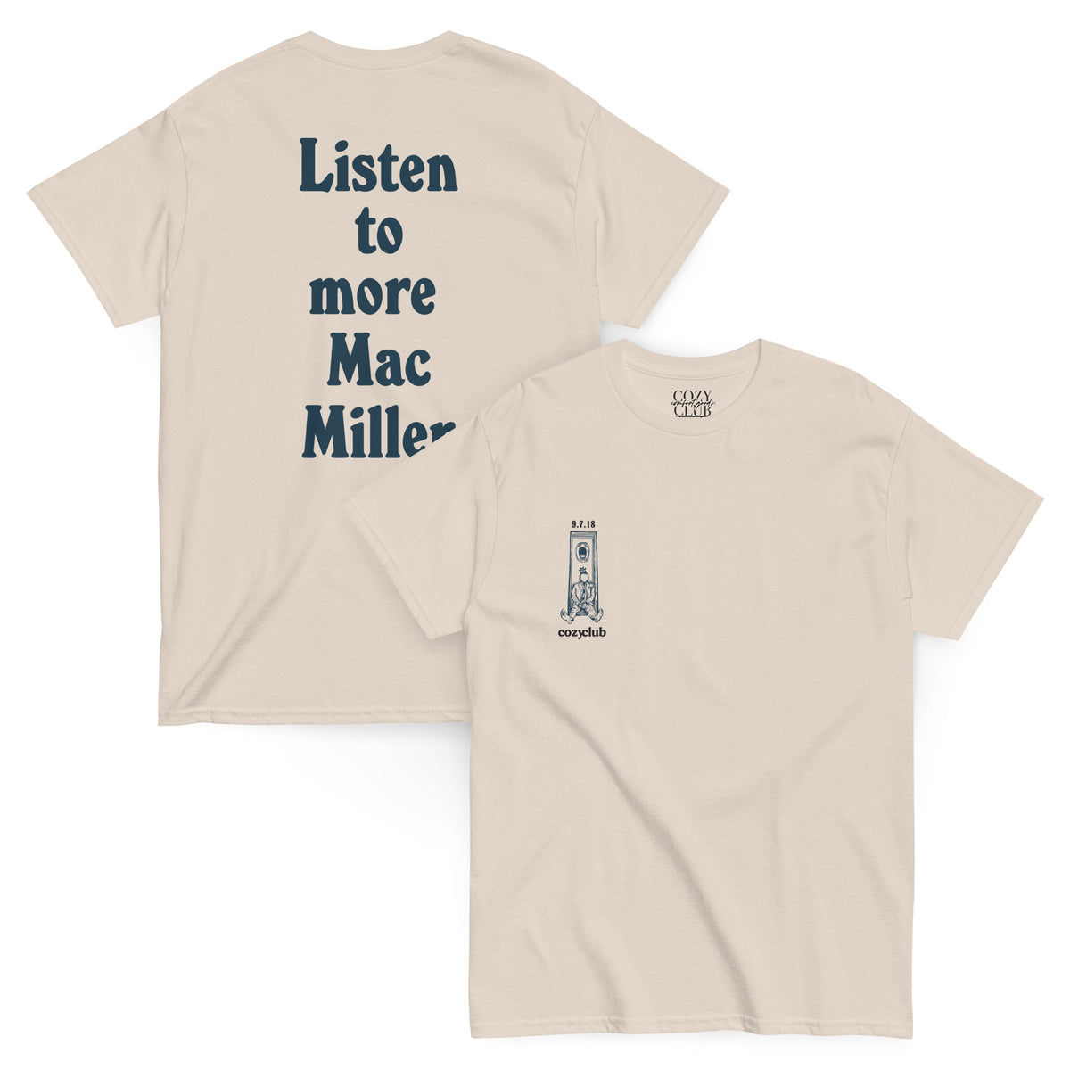 Back / Main Graphic Image:

Streetwear t-shirt featuring Listen to Mac Miller vintage bootleg rap tee graphic with Cozy Club typography

Front Chest Detail / Pocket Logo:

Close up front chest logo on Listen to Mac Miller hip hop graphic tee

Lifestyle / Model Shot:

Model wearing Listen to Mac Miller vintage bootleg graphic t-shirt

Flat Lay / Folded View:

Folded t-shirt displaying Listen to Mac Miller graphic print and Cozy Club brand neck tag