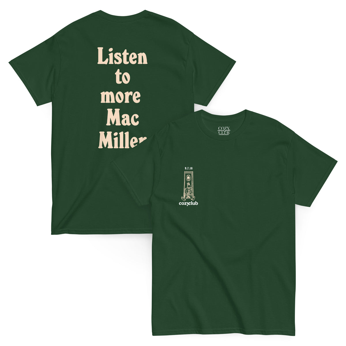Back / Main Graphic Image:

Streetwear t-shirt featuring Listen to Mac Miller vintage bootleg rap tee graphic with Cozy Club typography

Front Chest Detail / Pocket Logo:

Close up front chest logo on Listen to Mac Miller hip hop graphic tee

Lifestyle / Model Shot:

Model wearing Listen to Mac Miller vintage bootleg graphic t-shirt

Flat Lay / Folded View:

Folded t-shirt displaying Listen to Mac Miller graphic print and Cozy Club brand neck tag