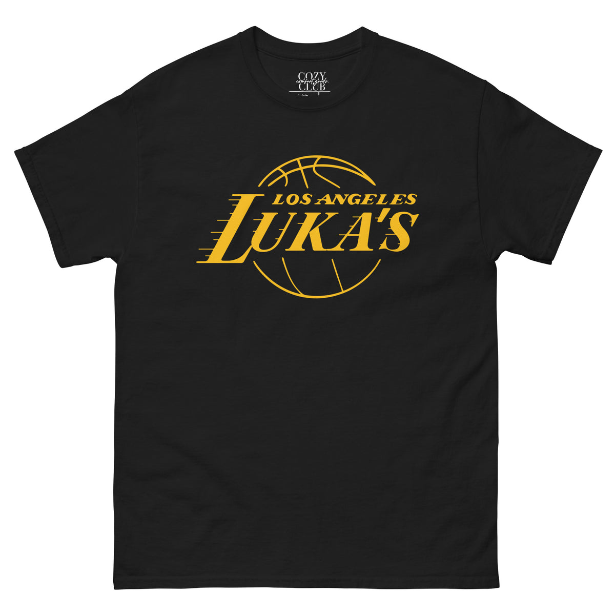 Back / Main Graphic Image:

Streetwear t-shirt featuring Los Angeles Luka's basketball crossover parody graphic with Cozy Club typography

Front Chest Detail / Pocket Logo:

Close up front chest logo on Los Angeles Luka's basketball crossover graphic tee

Lifestyle / Model Shot:

Model wearing Los Angeles Luka's basketball parody graphic t-shirt

Flat Lay / Folded View:

Folded t-shirt displaying Los Angeles Luka's graphic print and Cozy Club brand neck tag