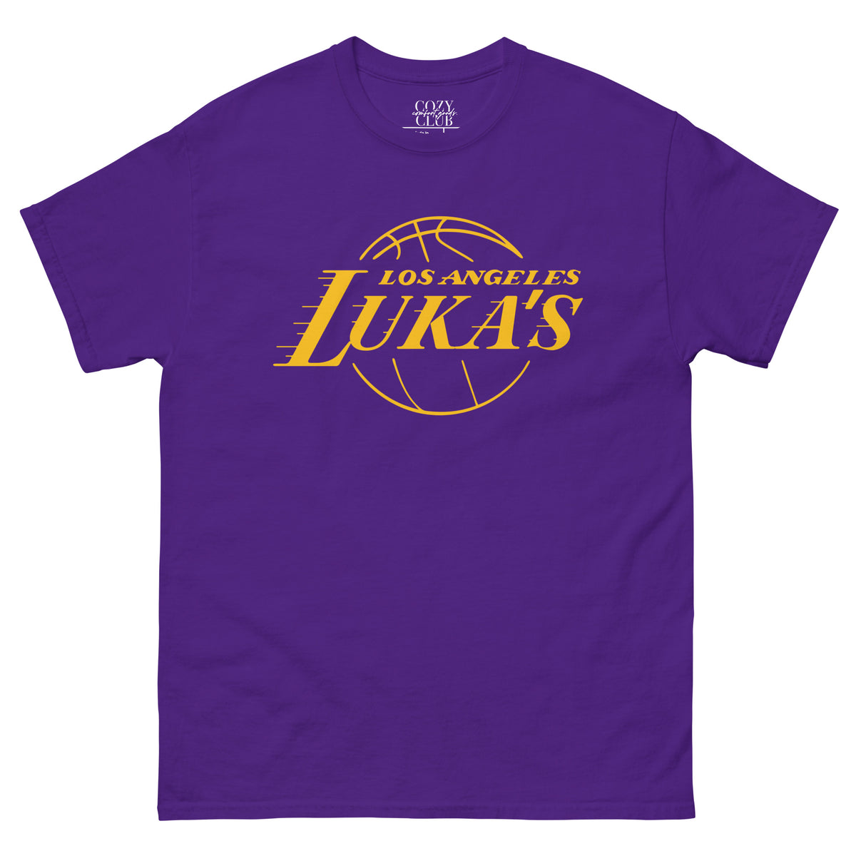 Back / Main Graphic Image:

Streetwear t-shirt featuring Los Angeles Luka's basketball crossover parody graphic with Cozy Club typography

Front Chest Detail / Pocket Logo:

Close up front chest logo on Los Angeles Luka's basketball crossover graphic tee

Lifestyle / Model Shot:

Model wearing Los Angeles Luka's basketball parody graphic t-shirt

Flat Lay / Folded View:

Folded t-shirt displaying Los Angeles Luka's graphic print and Cozy Club brand neck tag