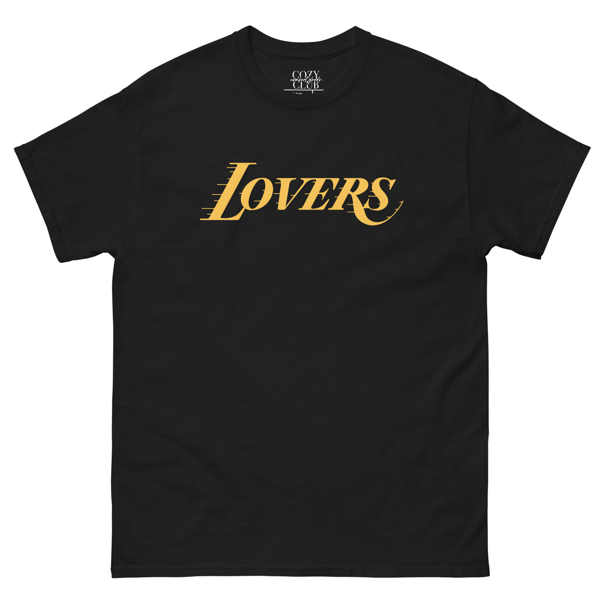 Back / Main Graphic Image:

Streetwear t-shirt featuring Lovers script typography styled in Los Angeles basketball font with Cozy Club branding

Front Chest Detail / Pocket Logo:

Close up front chest logo on Lovers Los Angeles script graphic tee

Lifestyle / Model Shot:

Model wearing Lovers Los Angeles script sports parody graphic t-shirt

Flat Lay / Folded View:

Folded t-shirt displaying Lovers graphic print and Cozy Club brand neck tag