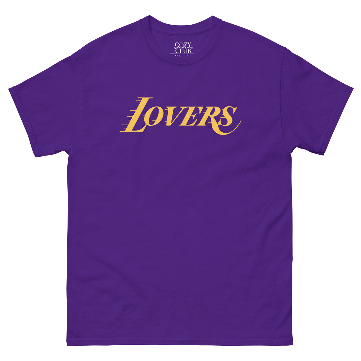 Back / Main Graphic Image:

Streetwear t-shirt featuring Lovers script typography styled in Los Angeles basketball font with Cozy Club branding

Front Chest Detail / Pocket Logo:

Close up front chest logo on Lovers Los Angeles script graphic tee

Lifestyle / Model Shot:

Model wearing Lovers Los Angeles script sports parody graphic t-shirt

Flat Lay / Folded View:

Folded t-shirt displaying Lovers graphic print and Cozy Club brand neck tag