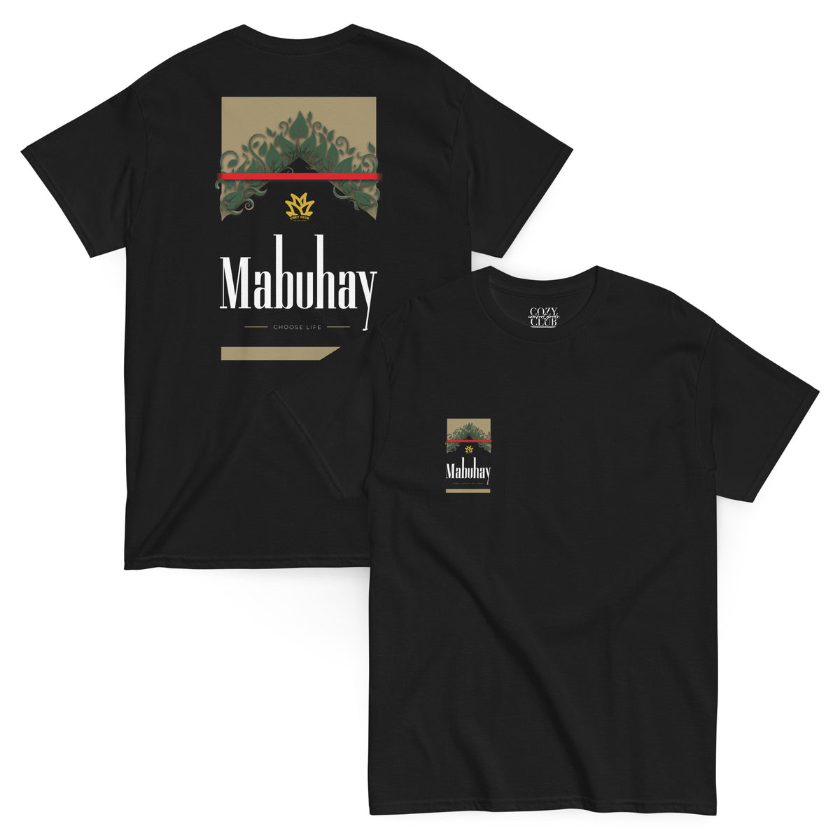 Back / Main Graphic Image:

Streetwear t-shirt featuring Mabuhay Na Lang Marlboro parody graphic with flourishing green vine typography

Front Chest Detail / Pocket Logo:

Close up front chest logo on Mabuhay Na Lang Filipino parody graphic tee

Lifestyle / Model Shot:

Model wearing Mabuhay Na Lang Marlboro parody streetwear graphic t-shirt

Flat Lay / Folded View:

Folded t-shirt displaying Mabuhay Na Lang parody graphic print and Cozy Club brand neck tag