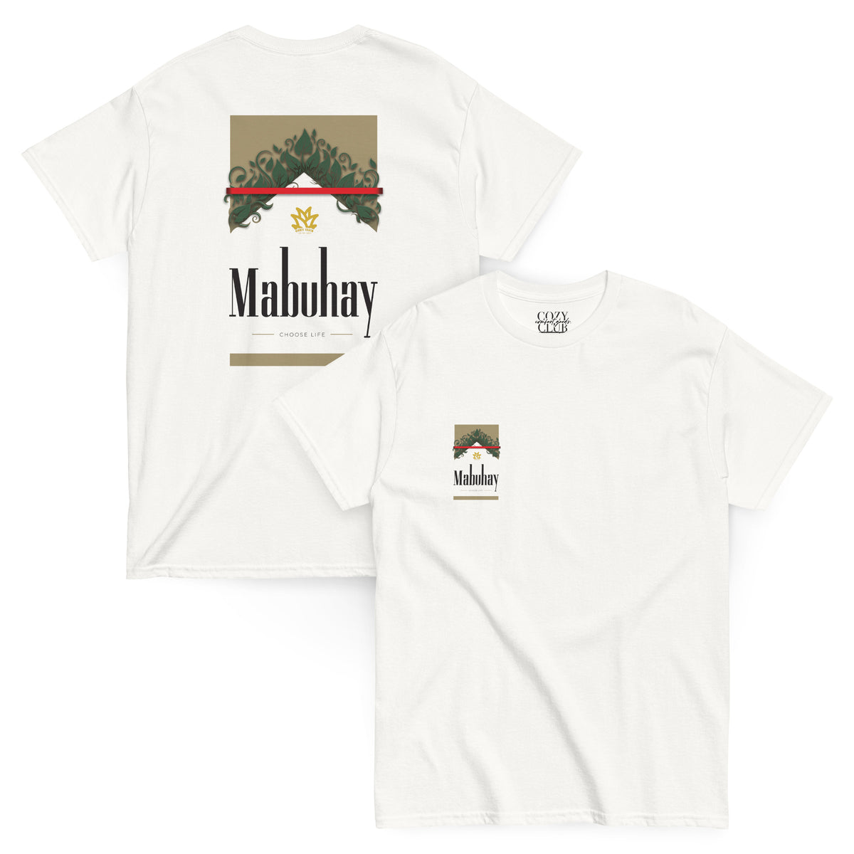 Back / Main Graphic Image:

Streetwear t-shirt featuring Mabuhay Na Lang Marlboro parody graphic with flourishing green vine typography

Front Chest Detail / Pocket Logo:

Close up front chest logo on Mabuhay Na Lang Filipino parody graphic tee

Lifestyle / Model Shot:

Model wearing Mabuhay Na Lang Marlboro parody streetwear graphic t-shirt

Flat Lay / Folded View:

Folded t-shirt displaying Mabuhay Na Lang parody graphic print and Cozy Club brand neck tag